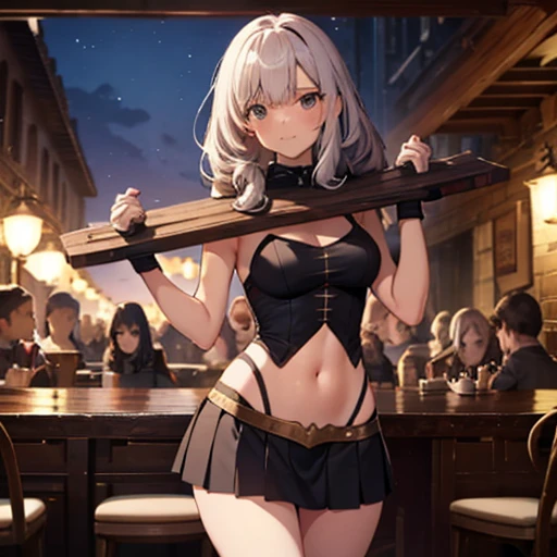 A group of female medieval fantasy adventurers, (in tavern), various hair styles, harem, night, details face, short skirt, seducing, sleeveless, armor, midriff, pillory