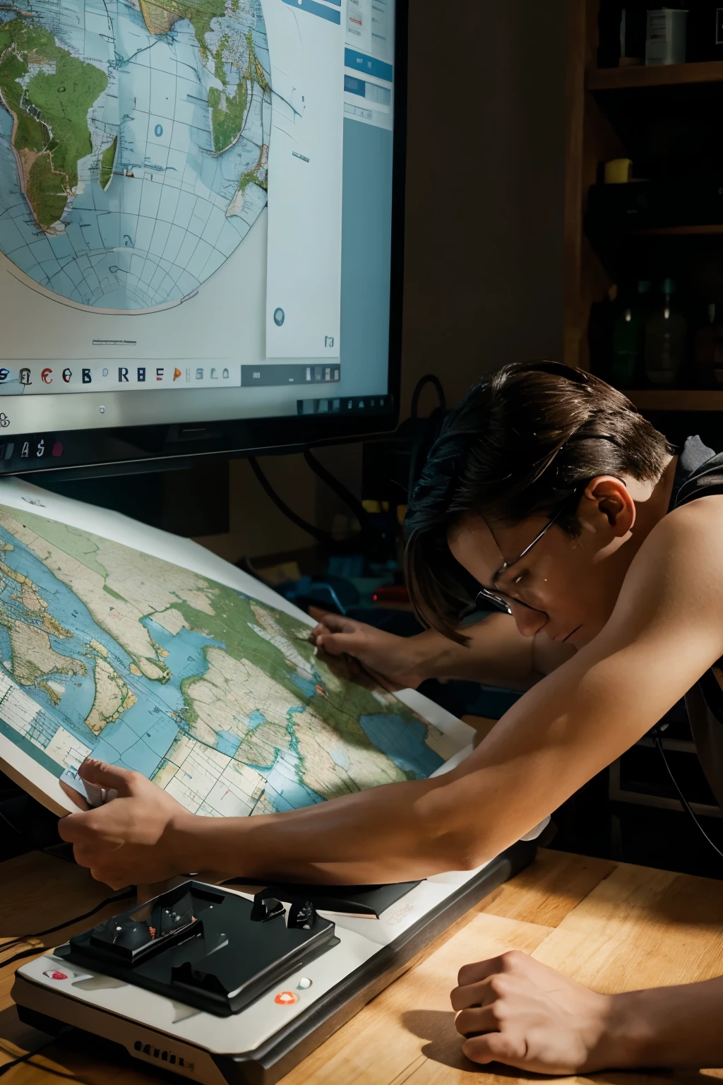 A person with his hands back in his laboratory surrounded by maps 