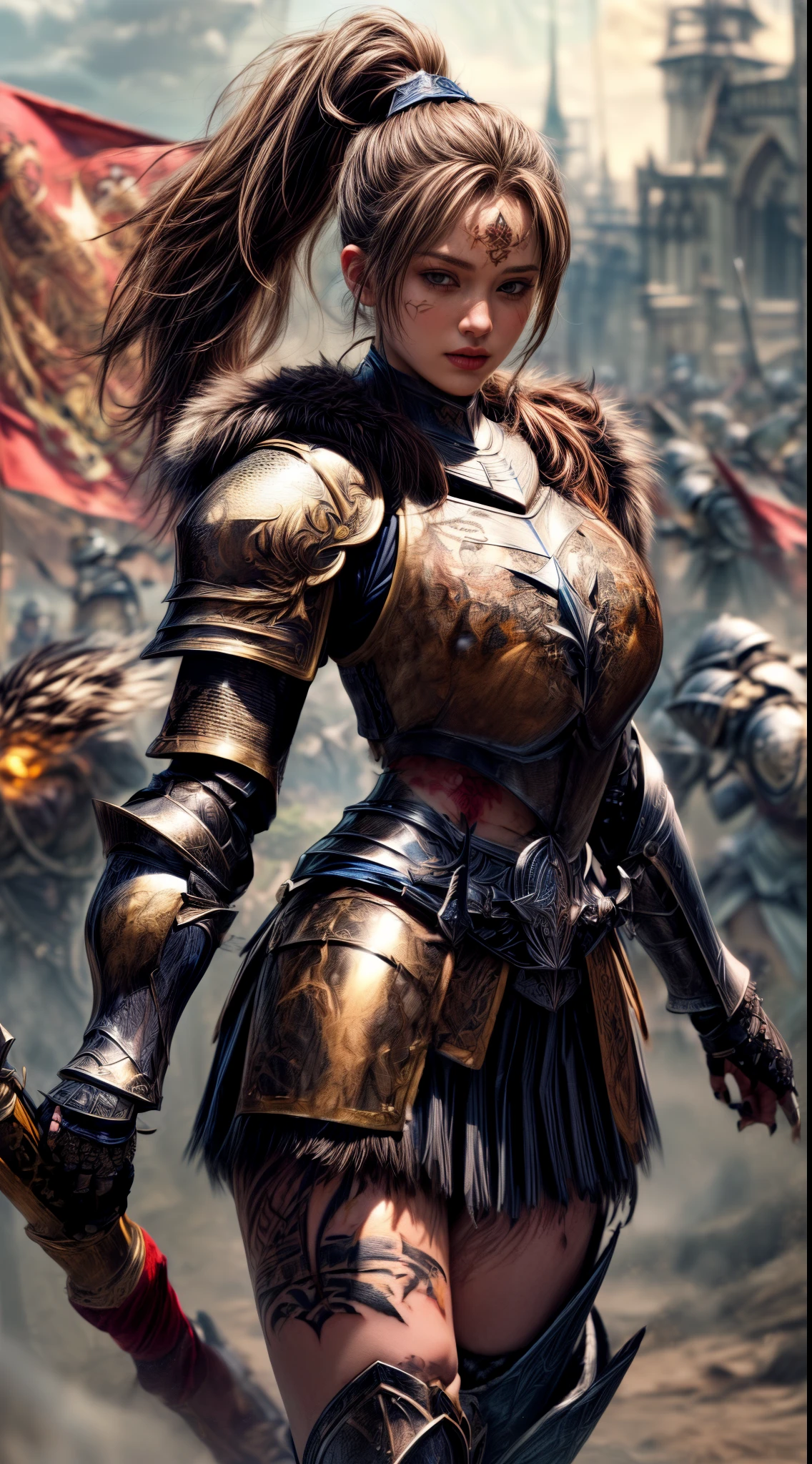 Very beautiful woman、Very tall woman、((muscle))、(Detailed face)、Realistic Skin、((Knights of the Earth)), (((Light brown and black armor:1.25)))、((((Very detailed and decorated light brown armor:1.5))))、((Delicate photo)),(Girl Astepeace RAW Photo Details:1.25), (highest quality:1.6), (超A high resolution:1.5), (Realistic:1.75), 8K resolution, Canon EOS R5, 50mm, Absurd, Ultra-detailed,Cinema Lighting,Battlefields of Medieval Europe、((battle))、RPG World、Final Fantasy、(((Embellished skirt)))、Thigh-high socks、Shin Guards、night、((((Messy center parted high ponytail))))、((Get six-pack))、Torn Cloak、((Beautiful Armor))、(((Huge weapons)))、In combat、The wind is blowing、(((Leading a large group of knights:1.3)))、(((Knight Commander)))、(Banner)、Great Ape Emblem、(((Light brown as the main color)))、(((black tribal tattoo)))、Dust、(((Wearing fur)))、(Rocky area)、(((Battle Scene)))、((nsfw))