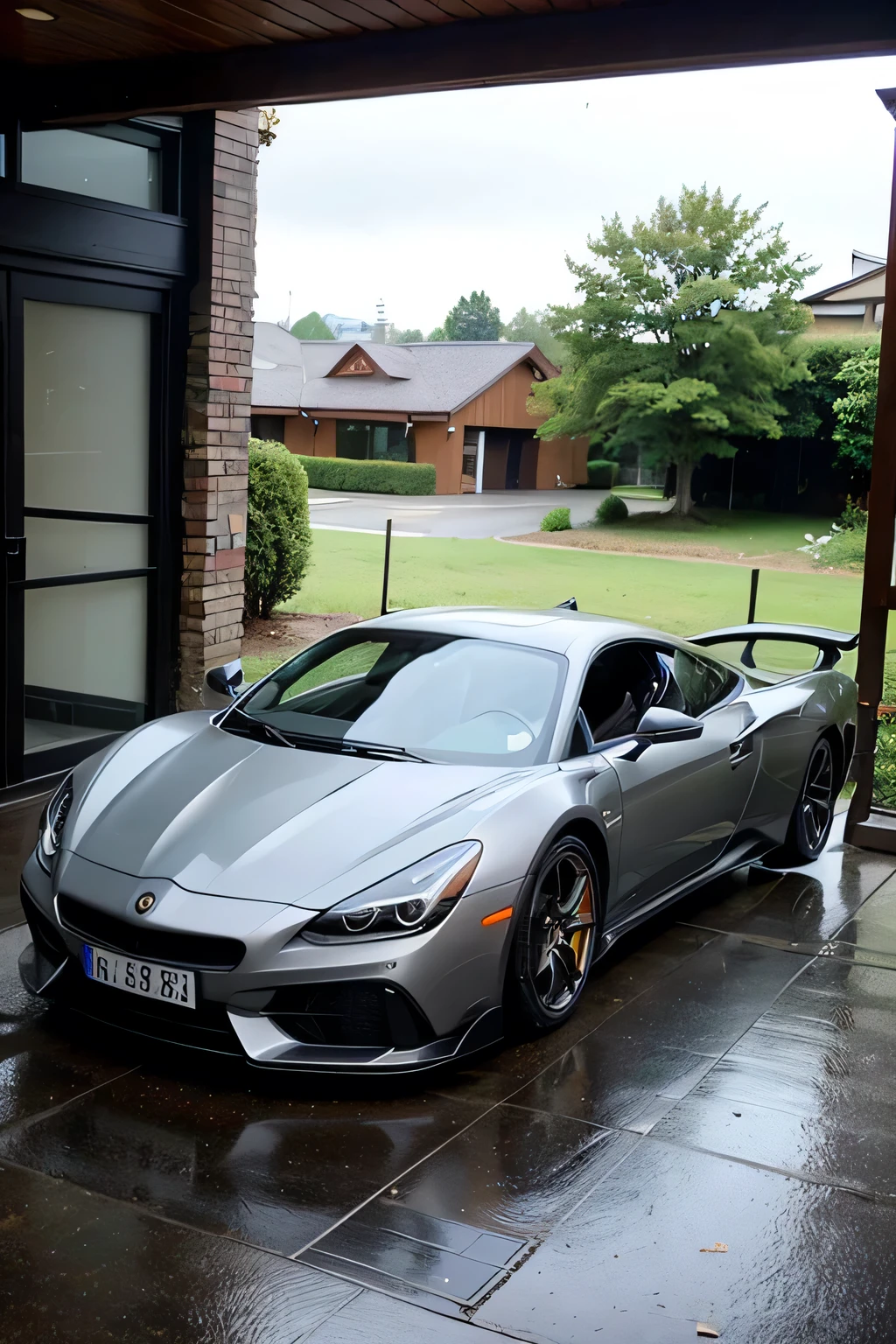 Suburban mansion exterior、A luxurious gate、Rainy weather、Gloomy sky、A sports car is parked in the parking lot、