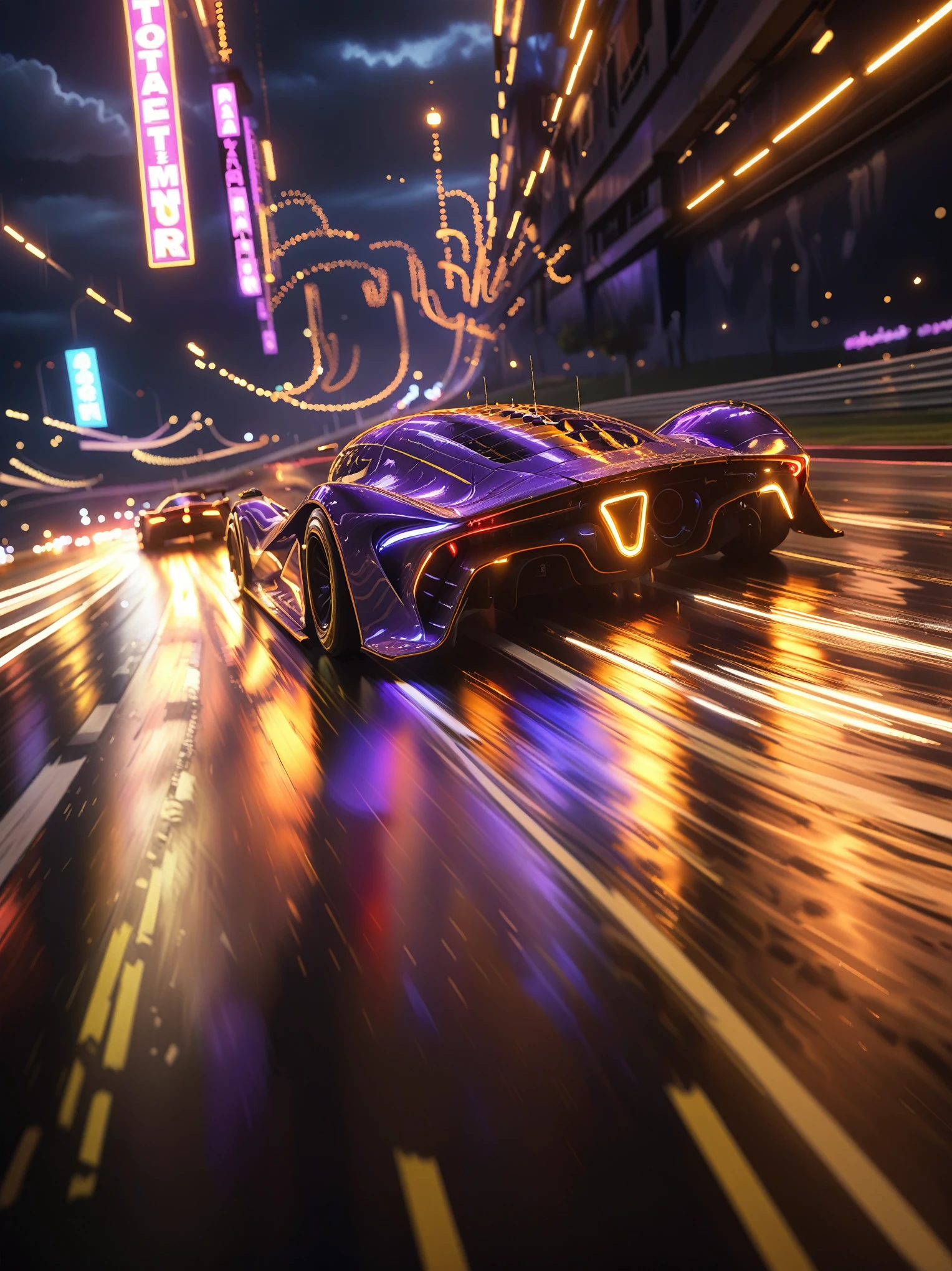 a dynamic perspective, perhaps from ground level or a low angle, to emphasize the speed and power of the racing cars as they zoom past. Use foreshortening to accentuate the sense of depth and movement,  glowneon, glowing, sparks, lightning 