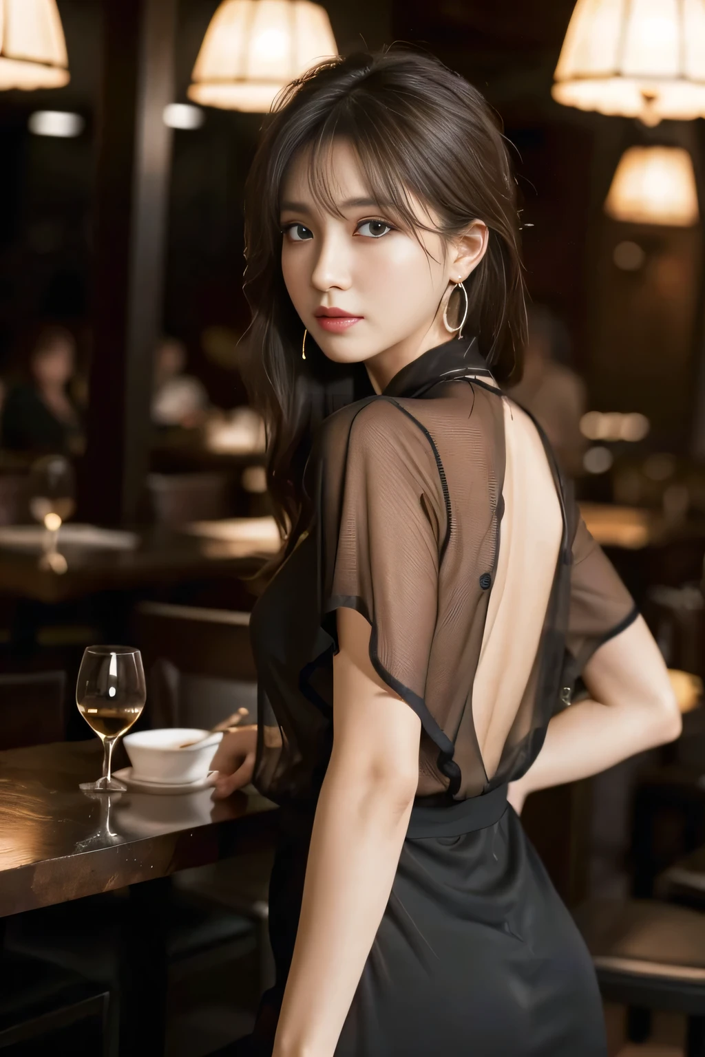 masterpiece, highest quality, Realistic, Very detailed, Finer details, High resolution, 8k wallpaper, One beautiful woman, Wear a black see-through shirt, In a great restaurant, At night, Light brown, shaggy, messy hair, Perfect dynamic composition, Beautiful and beautiful eyes、Big earrings、Back view