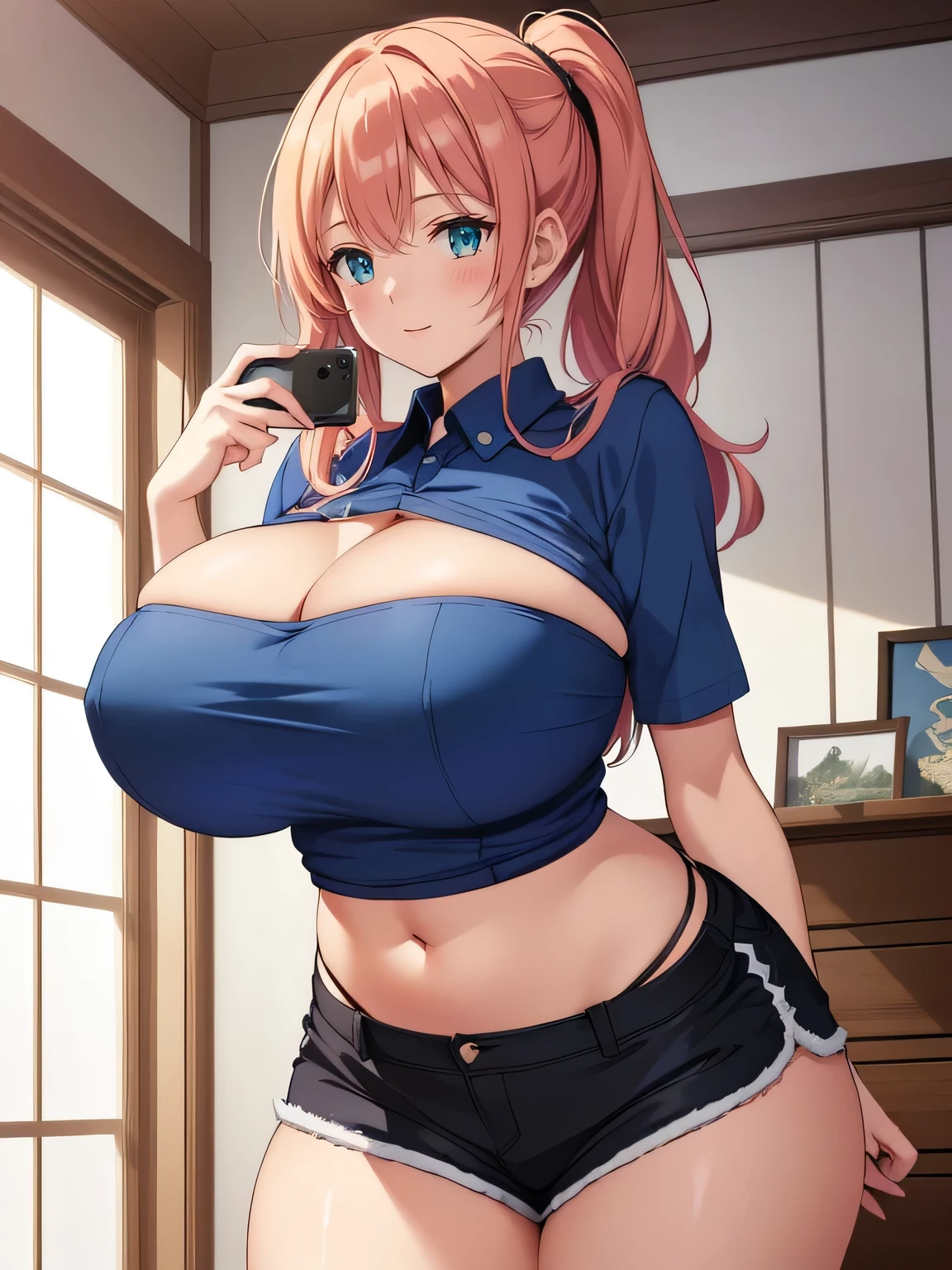 A woman wearing a blue shirt and black shorts taking a photo, tits, Enchanting anime girl, have large breasts, Big Breasts!, have large breasts, tits proportions, Big Breasts!!, marin kitagawa fanart, SFW huge breasts, (SFW) Safe at Work, Smooth anime CG art, Anime Best Girl, thick, Fine details. Girls&#39; Frontline