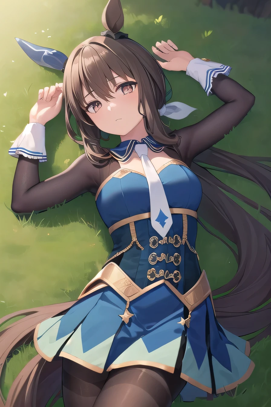 (masterpiece, best quality:1.2), solo, 1girl, admirevega, looking at viewer, closed mouth, on back, on grass, arms up, expressionless, (cowboy shot:1.5), lying, best quality, ponytail, horse ears, ear covers, blue dress, necktie, pantyhose, horse tail 