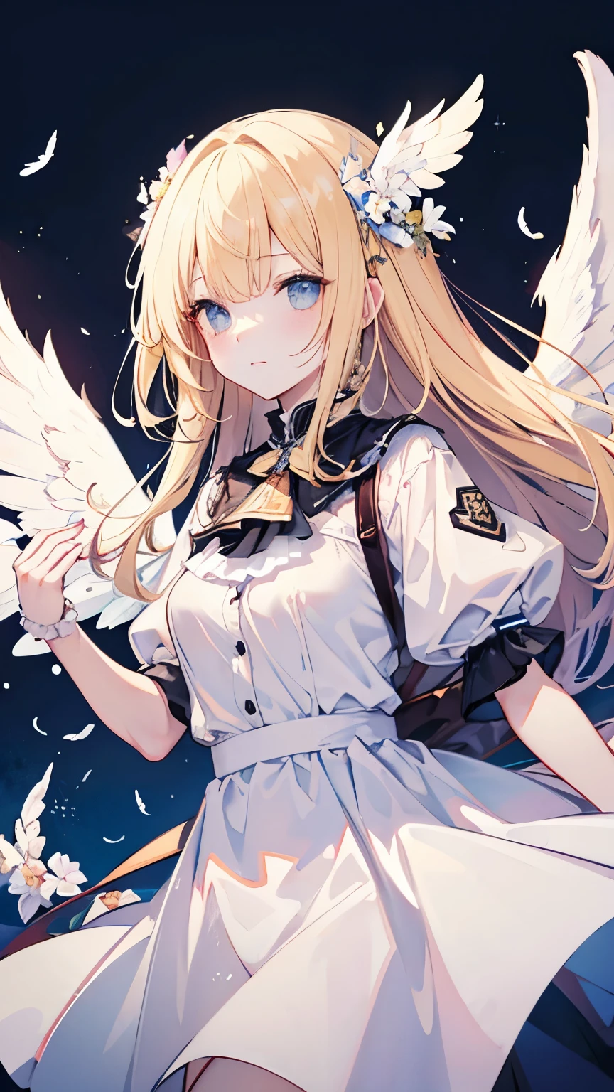 gorgeous adult woman, blonde hair, bangs, perfect eyes, soft light, high quality, 4k resolution, ((angel)), An angel with wings on his back, an angel descending from the sky, feathers scattered in the background, light shining from above, at Cathedral