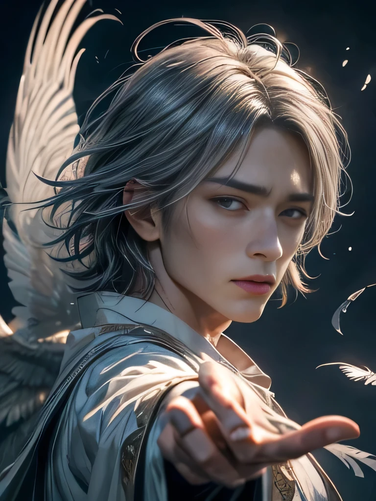 ((Young male)),Feathers fluttering, (Robe),Gray Hair, ((Extremely clear and detailed facial features))), ((Delicate eye depiction)), Dynamic pose, Dramatic composition, Extremely detailed, Floating in the air, Handsome male, Deep Eyes, male, malely, (The hair is very detailed), fortune teller,water