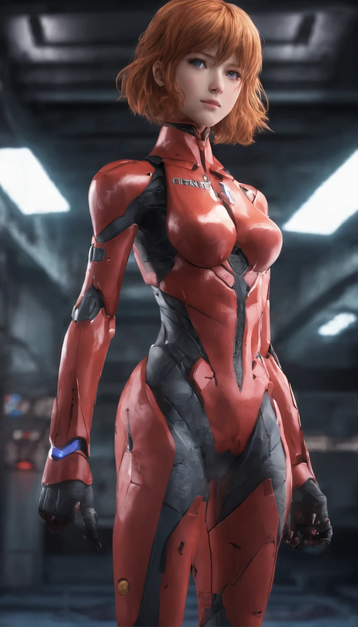 with high definition images,Anime Images, Anime girl standing alone in a Neon Genesis Evangelion scene、Introducing 19-year-old Asuka Langley。Short, stylish bangs frame her detailed hazel brown eyes.、Wears a high-definition red armored costume featuring the plug suit。Her medium-sized bust is hidden by a red armored suit.、She looks straight at the audience and smiles confidently.。The backdrop is a beautifully crafted Western-style room decorated with neon lights.、It has a surreal atmosphere。In the background is Evangelion III.The unit is standing