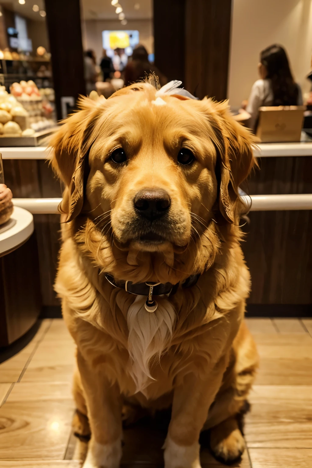 A golden retriever dog, com pelos de cor preta, num shopping, comendo salsicha, blinking with one eye