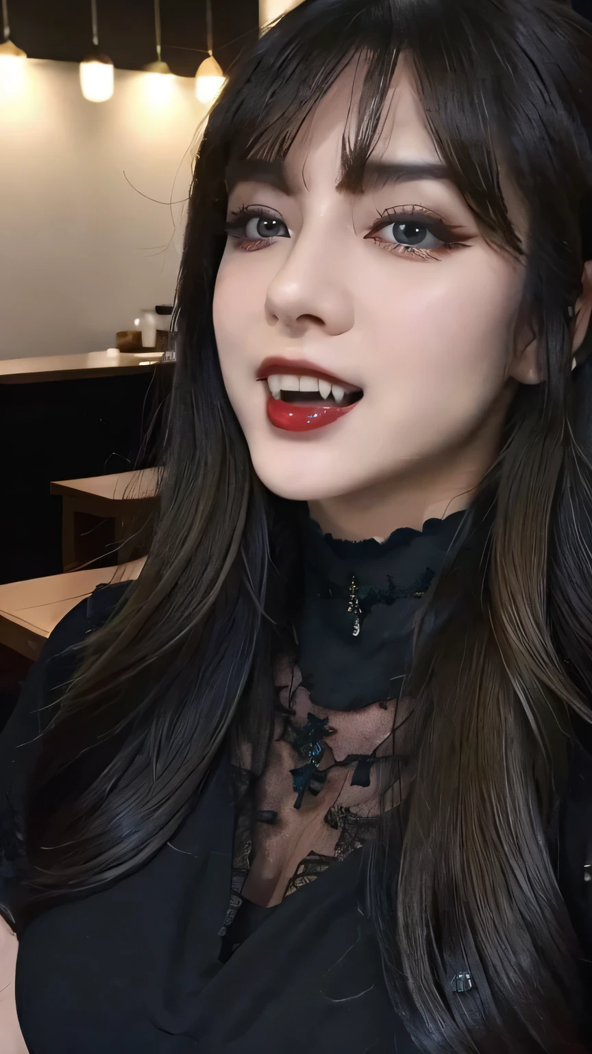 (highest quality, masterpiece:1.3, 超A high resolution), (Very detailed, Caustics), (Realistic:1.4,RAW shooting,)Ultra-Realistic Capture,Very detailed,High resolution 16k, Human skin close-up, The skin texture is natural, It must be detailed enough to be easily identifiable.。 Skin should look healthy and have an even tone。 Use natural light and color, ((See-through dress)), ((Mountain, blue sky, Slim body)), 1 girl, Japanese, 18-year-old, cute, Long Hair, smile, Turn your body forward, (View from the front:1.1), Looking into the camera, ((Table Shot:1.4)), focused on the chest, Light brown hair, ((Black choker)), Very many long eyelashes, blue eyes, bangs、Long legs、(Outdoor, A field:1.5, blue sky)、Big Breasts、(vamp fangs), Red Lip、Double teeth、((Vampire Fangs))