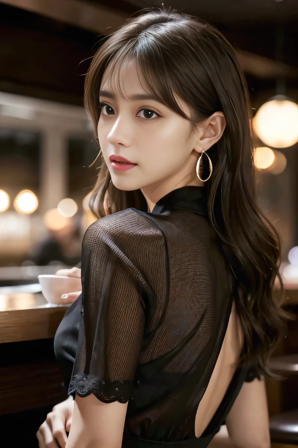 masterpiece, highest quality, Realistic, Very detailed, Finer details, High resolution, 8k wallpaper, One beautiful woman, Wear a black see-through shirt, Great bar counter, At night, Light brown messy hair, Perfect dynamic composition, Beautiful and beautiful eyes、Big earrings、Back view、