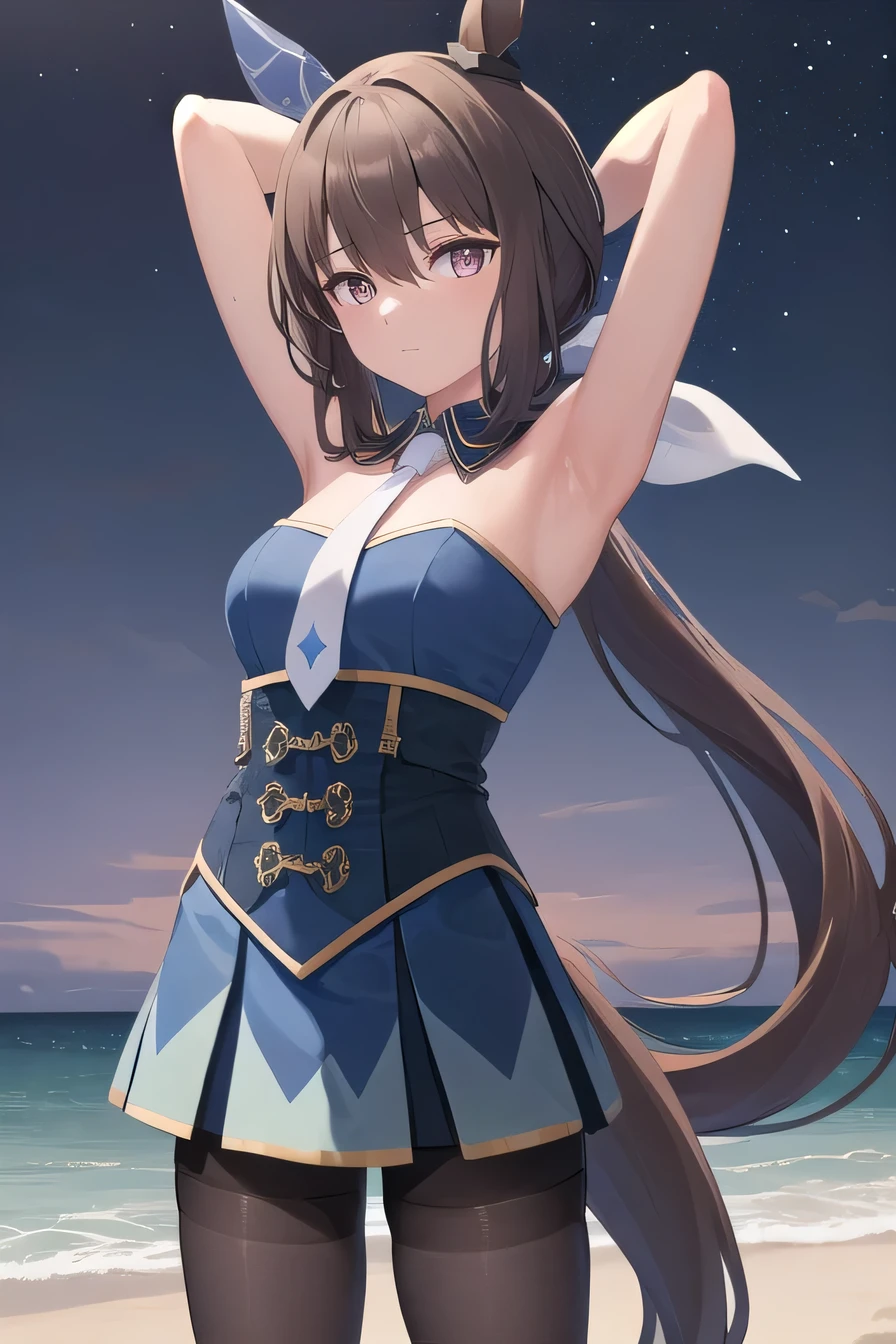 (masterpiece, best quality:1.2), solo, 1girl, admirevega, high quality, solo, night sky, beach, arms behind head, {contrapposto}, closed mouth, spread armpits, (cowboy shot:1.5), looking at viewer, expressionless, ponytail, horse ears, ear covers, blue dress, necktie, pantyhose, horse tail 