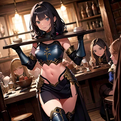 A group of female medieval fantasy adventurers, (in tavern), various hair styles, harem, night, details face, short skirt, seducing, sleeveless, armor, midriff, pillory