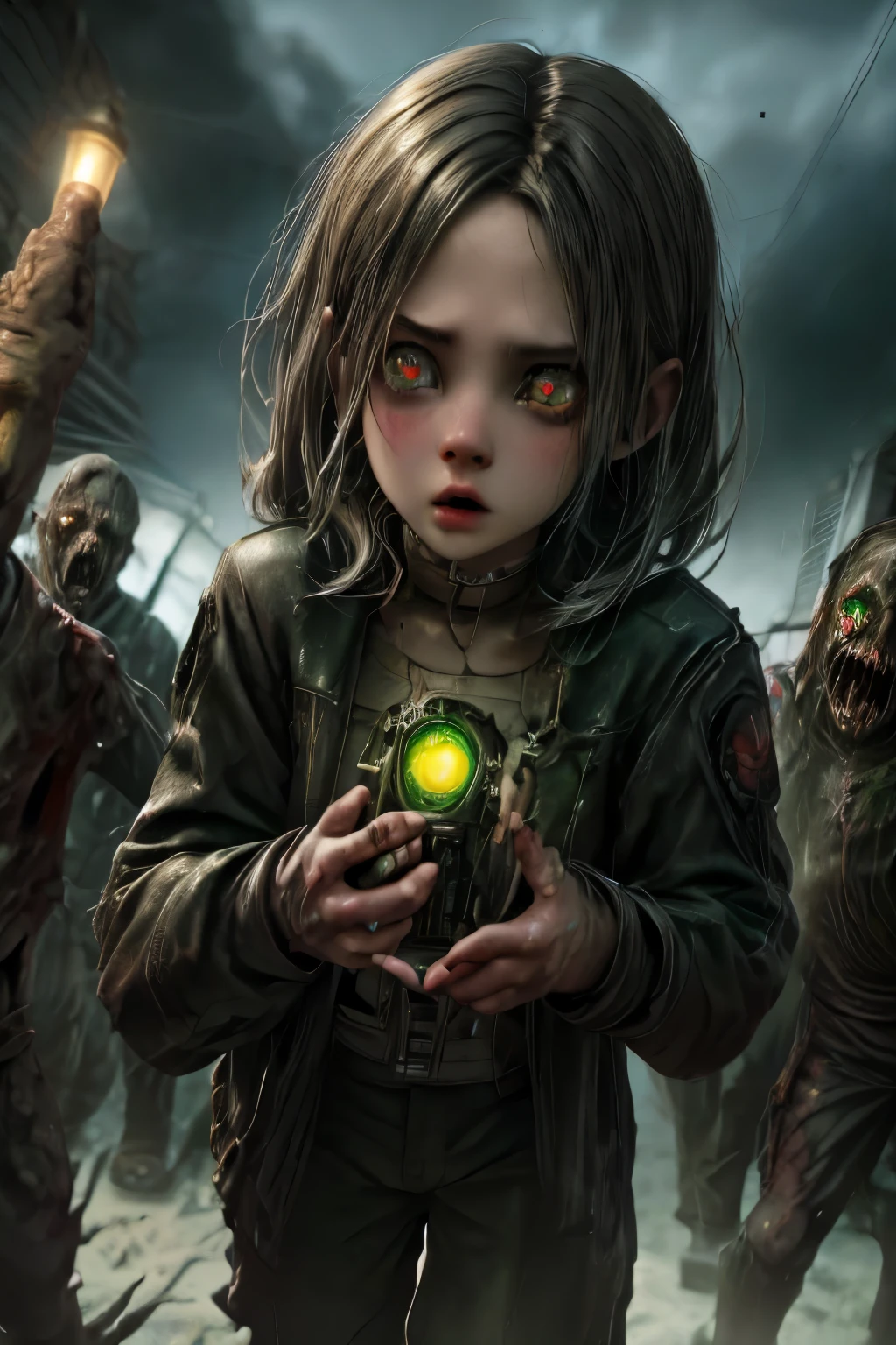 Resident evil,
pmmkr2024,best quality, trending on artstation,calm,quiet,Best quality,little evil kid girl controls all the zombies,red bright eyes zombies,apocalypse zombie,running zombies,nice detailed hands,nice detailed face,nice detailed body,perfect art, wearing black-and-red, infected-like tattered robe adorned with zombie markings, face is obscured , (glowing green eyes), ((levitating)), high detail, sharp focus, dramatic, photorealistic painting art ,all people zombies,lurid,toxic,venom,full  body,parasite,necromorph,babydoll,terror,horror,virus, art 8k,masterpiece,score_9,score_8,score_7,score_8_up,score_7_up,score_6_up,game
Groups zombies,backgroud city 