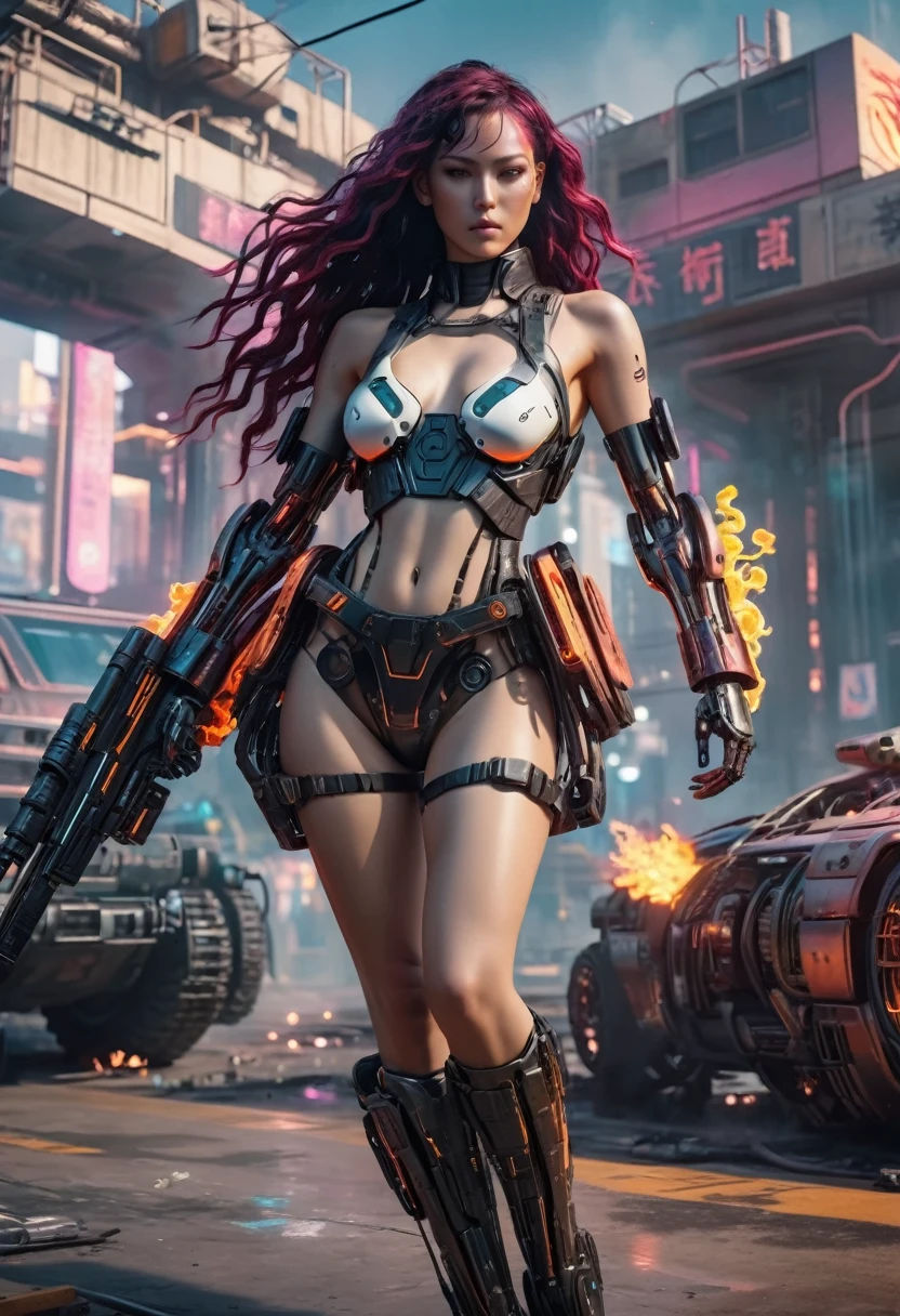cyberpunk cybernetic revolutionaries, futuristic flame suit, flaming guns on hands, complex intricate robot body, highly detailed, photorealistic, 8k, cinematic lighting, dramatic, neon colors, moody atmosphere, science fiction, concept art style