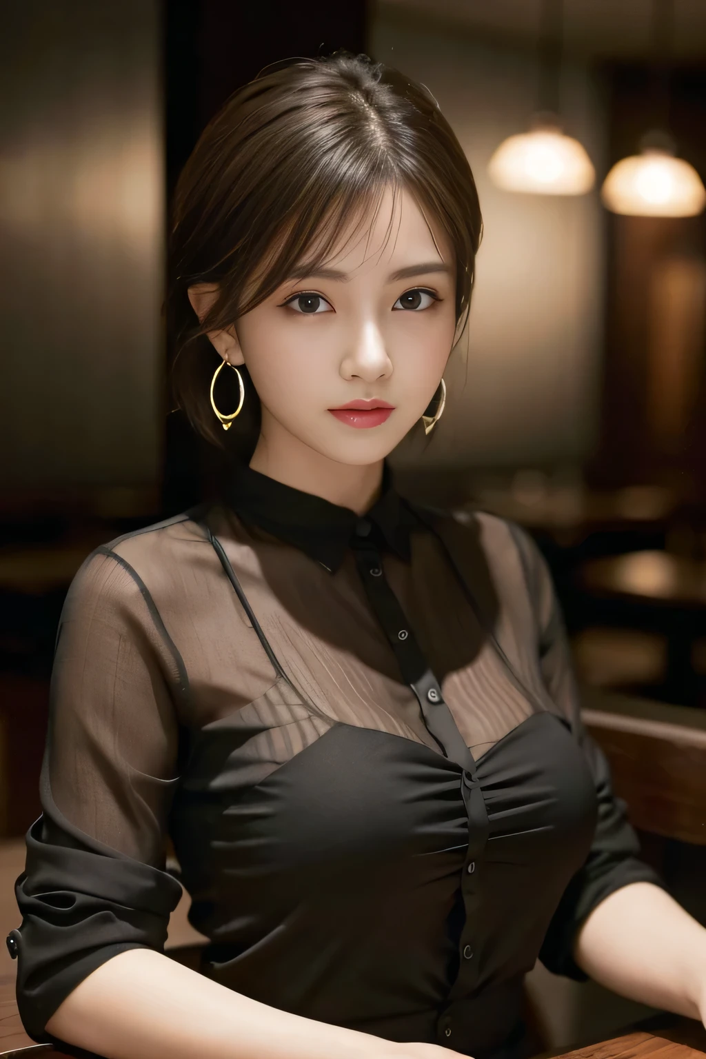 masterpiece, highest quality, Realistic, Very detailed, Finer details, High resolution, 8k wallpaper, One beautiful woman, Wear a black see-through shirt, In a great restaurant, At night, Light brown unkempt short hair, Perfect dynamic composition, Beautiful and beautiful eyes、Big earrings