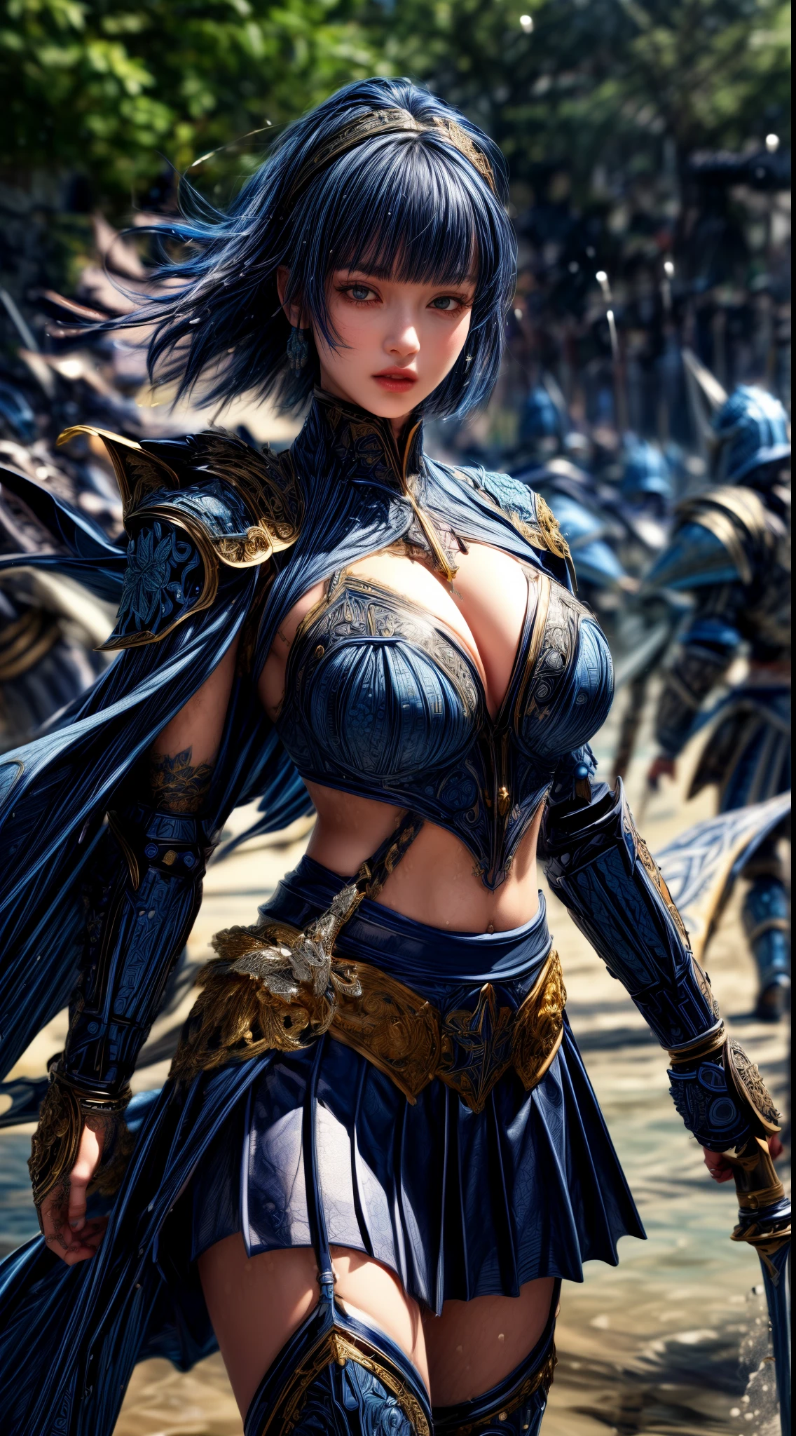 Very beautiful woman、Slender women、(Detailed face)、Realistic Skin、((Water Knight)), ((Navy Blue Armor))、((((Dark blue armor with very intricate and detailed decoration:1.5))))、((Delicate photo)),(Girl Astepeace RAW Photo Details:1.25), (highest quality:1.6), (超A high resolution:1.5), (Realistic:1.75), 8K resolution, Canon EOS R5, 50mm, Absurd, Ultra-detailed,Cinema Lighting,((battlefield))、((battle))、(((Navy Skirt with Embellishments)))、Thigh-high socks、Shin Guards、((Dark blue hair))、((Bowl cut hairstyle with bangs))、(Six-pack)、Cape、Beautiful Armor、(((Has a huge weapon)))、(In combat)、The wind is blowing、((Symmetrical Armor))、((((Splash))))、(((Leading a large group of blue knights:1.2)))、Banner、Armor with a dragon motif、(((Battle Scene)))