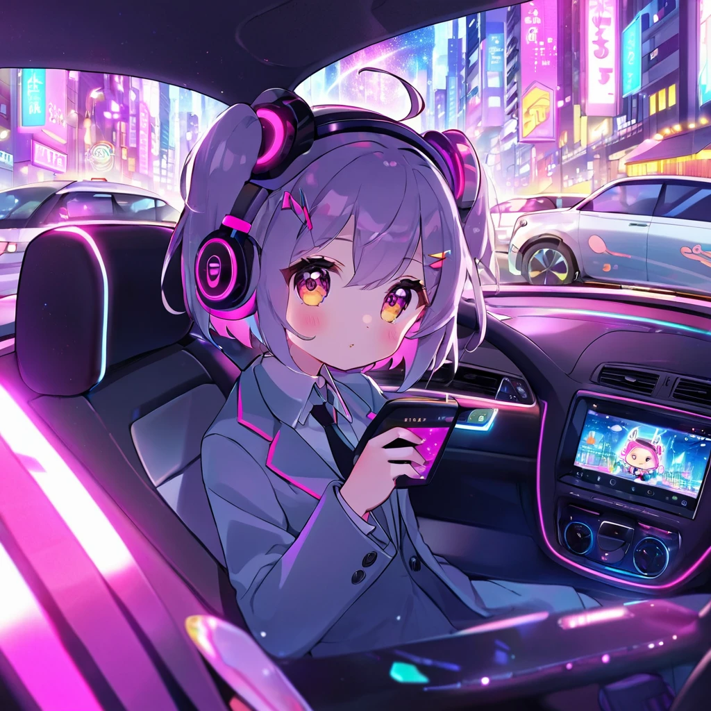 A girl, young, 20 years old, counterfeit xl, cartoon, cute, on the street, in the car, wearing sweat suits, listening to music, headphones, lights on, city, beautiful, futuristic, colorful, magical