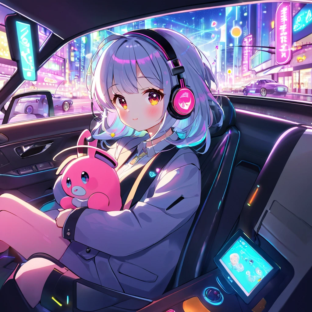 A girl, young, 20 years old, counterfeit xl, cartoon, cute, on the street, in the car, wearing sweat suits, listening to music, headphones, lights on, city, beautiful, futuristic, colorful, magical 