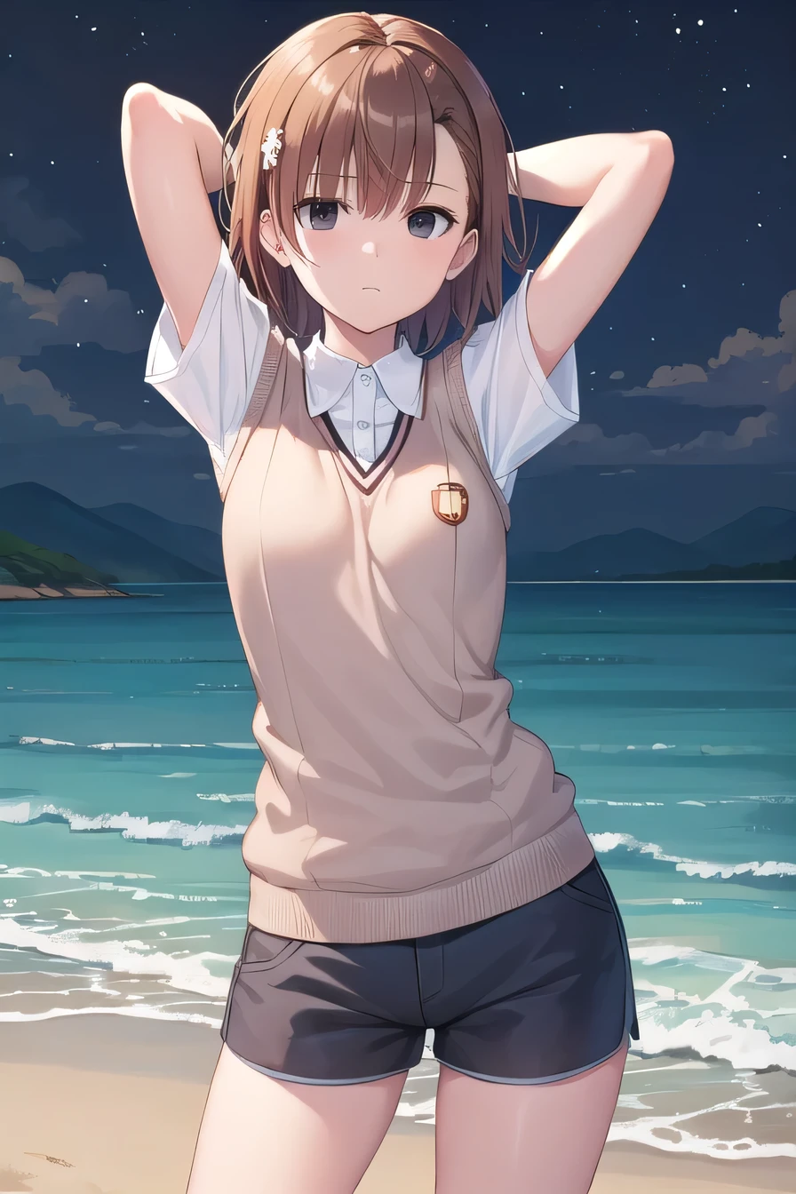 short hair, brown hair, black eyes, empty eyes, sweater vest, shirt, shorts, white shirt, pleated shorts, v-neck, short sleeves, tokiwadai , misaka imouto, solo, night sky, beach, arms behind head, contrapposto, spread armpits, closed mouth, (cowboy shot:1.5), looking at viewer, best quality,