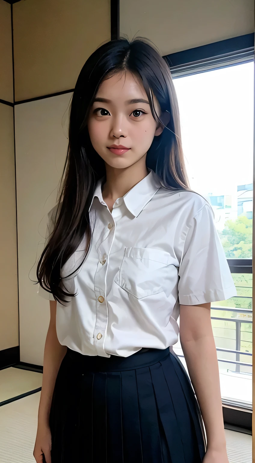 (masterpiece, highest quality:1.2), 8k, 15 years, 85mm, Official Art, RAW Photos, Absurd、((A small, empty Japanese-style room:1.4))、White student uniform shirt, Pretty face, close, ((Cowboy Shot:1.4))、Beautiful girl with straight medium long hair,  (Navy Pleated Skirt:1.2), Squeeze the waist, Thighs, Short sleeve, Model pose、View your viewers, No makeup, (smile:0.4), Film Grain, chromatic aberration, Sharp focus, Face Light, Bright lighting, Teen, Detailed face, Bokeh Background,