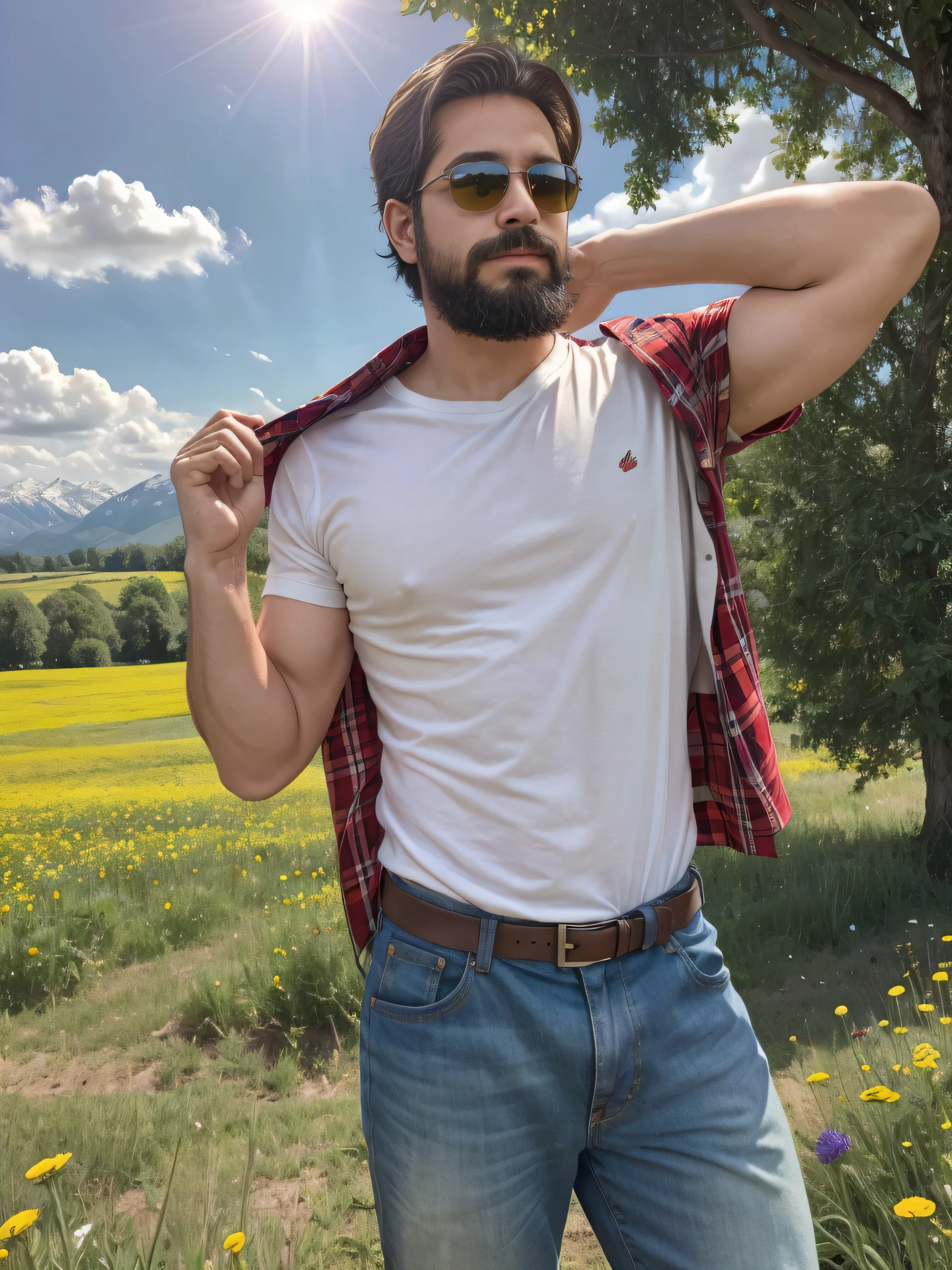 On a sunny summer afternoon, a 18-year-old man stands in a vast, green meadow surrounded by nature in full bloom. He has a well-groomed beard and wears dark sunglasses to shield his eyes from the sun's glare. His red and white checkered shirt is slightly unbuttoned, revealing a white T-shirt underneath. The wind gently tousles his dark hair, giving him a carefree and relaxed look. The landscape around him is full of life and color, with vibrant wildflowers in shades of yellow, red, and purple scattered across the meadow. Tall green trees border the field, and in the distance, majestic mountains rise under a clear blue sky with a few fluffy white clouds lazily floating by. The man is captured in a medium shot, clearly showing the upper part of his body. His hands rest in the pockets of his jeans, and his expression reflects deep peace and contentment. The golden sunlight casts soft shadows and highlights the bright colors of the flowers and his outfit, capturing a perfect moment of harmonious connection with nature.