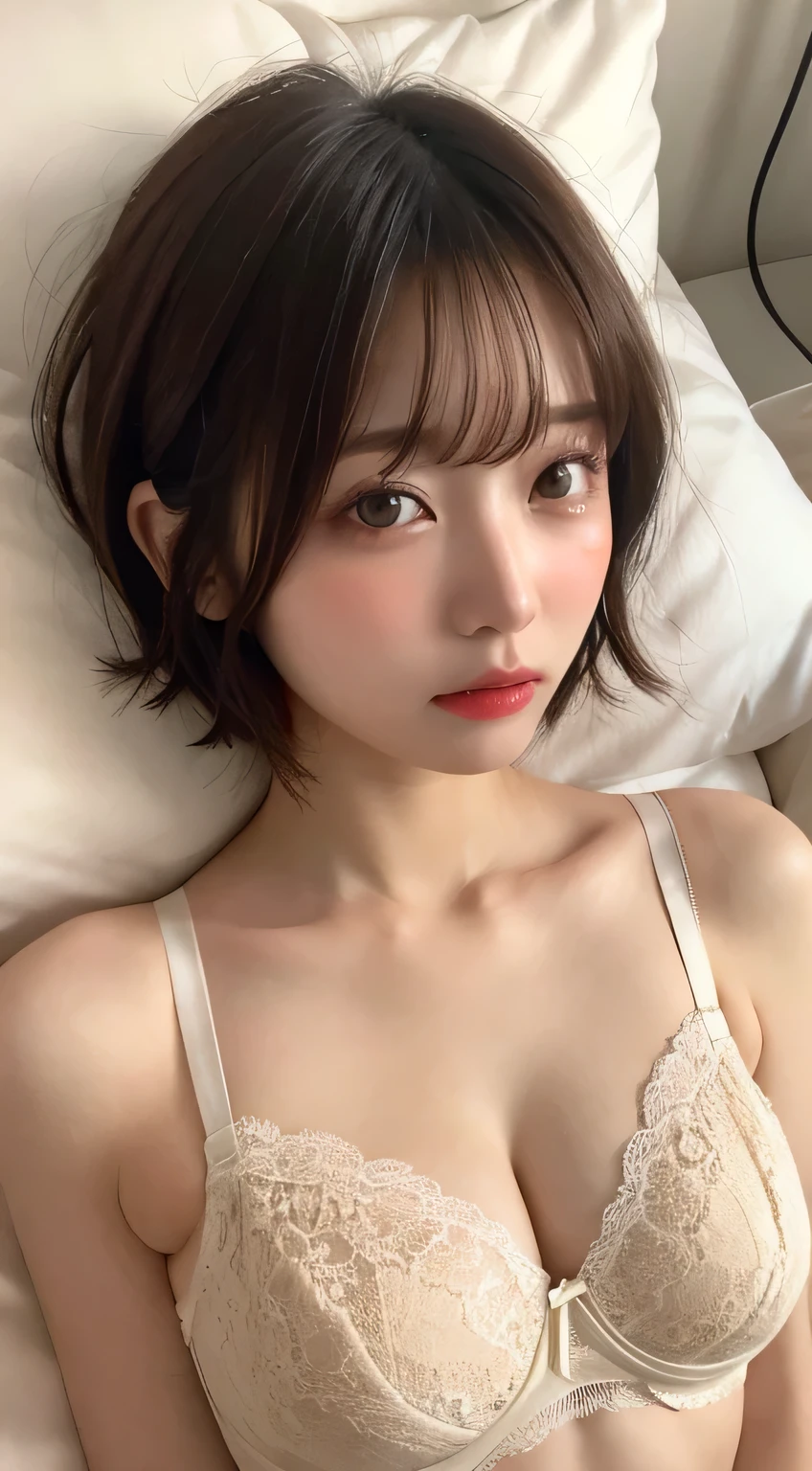 Beige lace bra、bed、Are crying、Short Hair、whole body