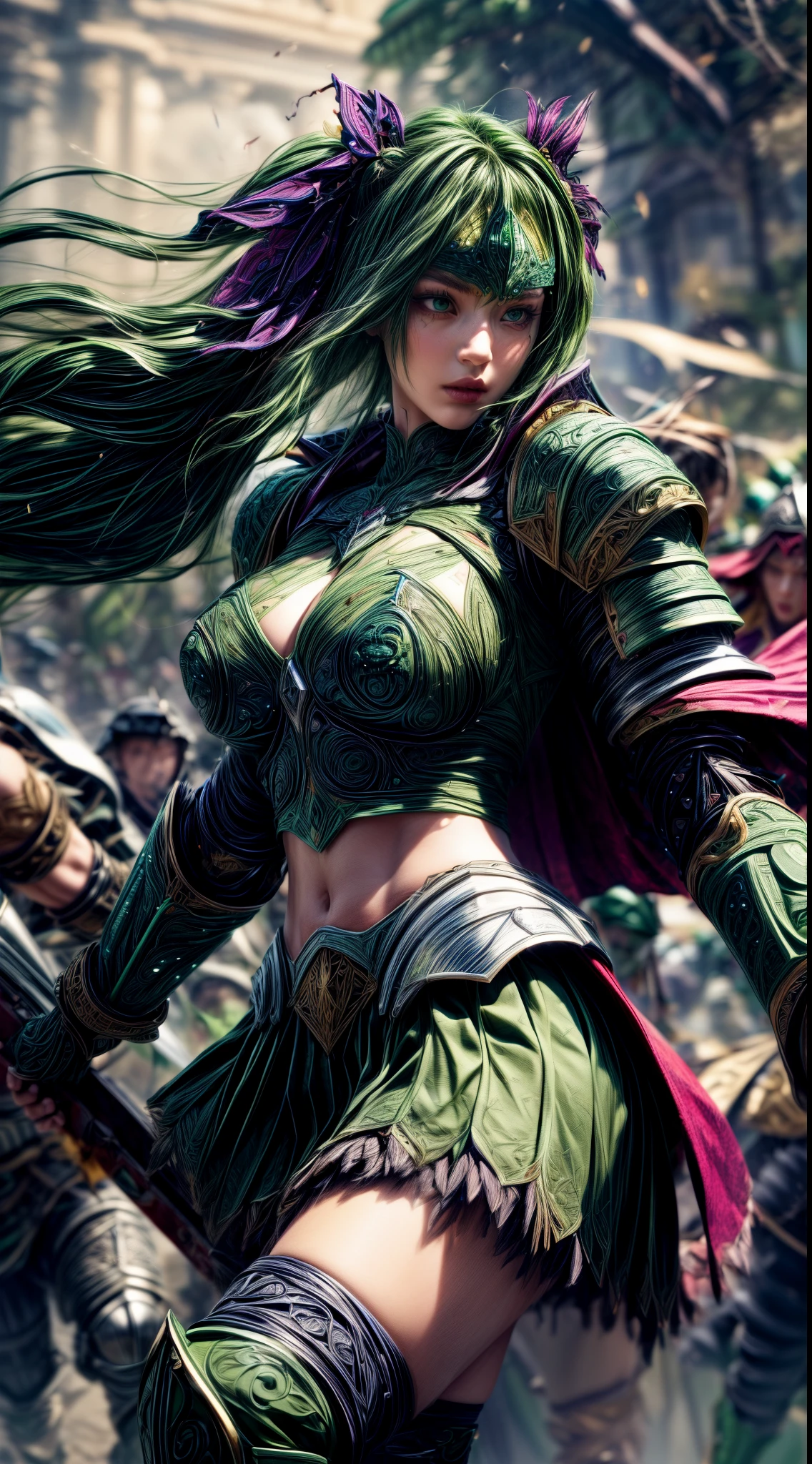 Very cute 、No makeup、Slender、(((low length)))、(Detailed face)、Realistic Skin、((Wind Knight)), ((Dark Green Armor))、((((Deep green armor with extremely intricate and detailed decoration.:1.5))))、((Delicate photo)),(Girl Astepeace RAW Photo Details:1.25), (highest quality:1.6), (超A high resolution:1.5), (Realistic:1.75), 8K resolution, Canon EOS R5, 50mm, Absurd, Ultra-detailed,Cinema Lighting,((battlefield))、((battle))、(((Decorative green skirt)))、Thigh-high socks、Shin Guards、((Dark green hair))、((Low Twintails))、((Hairstyle with bangulticolored Hair))、(Six-pack)、Cape、Beautiful Armor、(((Has a huge weapon)))、(In combat)、The wind is blowing、((Symmetrical Armor))、((((tornado))))、(((Leading a large group of knights:1.2)))、Banner、Lion-themed armor、(((Battle Scene)))