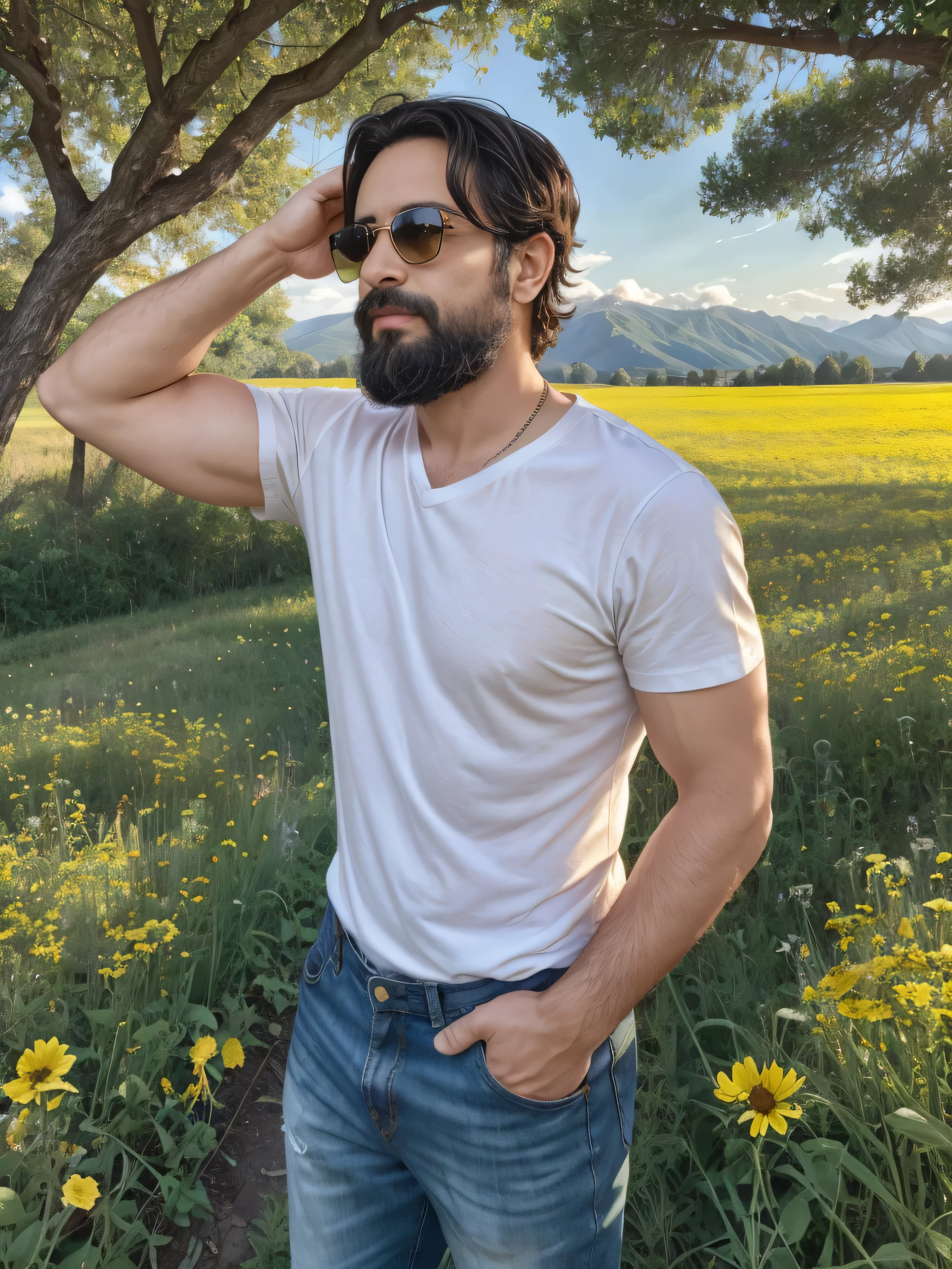 On a sunny spring day, a 38 year old man stands in a vibrant field of wildflowers. Tiene una barba bien cuidada y lleva unos elegantes lentes de sol oscuros. His checkered shirt in shades of blue and white is slightly unbuttoned at the neck., revelando una camiseta blanca debajo. El viento agita suavemente su cabello oscuro, giving it a casual and relaxed look.
The environment is an explosion of colors with wildflowers in shades of yellow, red and purple covering the meadow. A su alrededor, tall green trees border the field and, en la distancia, Imposing mountains rise under a clear sky of intense blue with scattered white clouds.
La imagen muestra al hombre en un plano medio, focusing on your upper body while enjoying the scenery. He is standing with a relaxed posture, sus manos en los bolsillos de sus pantalones de mezclilla, and his expression reflects tranquility and satisfaction. Sunlight creates soft shadows and accentuates the bright colors of the flowers and their outfit, capturing a perfect moment of harmony with nature.