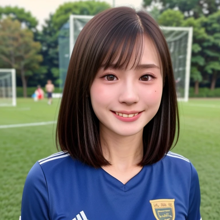 (kawaii 24 year-old Japanese girl, Nogizaka idol, Korean idol, soccer player), healthy female athlete body, (glossy black hair, very short hair, bangs:1.3), beautiful black eyes, rounded face, single eyelid, (no makeup:1.2), (big laughing:1.2), (soccer uniform:1.3), extra small breasts, BREAK, (turf in the park background, summer daytime:1.2), (dynamic angle, bust shot:1.2), BREAK, (masterpiece, best quality, photo realistic, official art:1.4), (UHD, 8K quality wallpaper, high resolution, raw photo, golden ratio:1.3), (shiny skin), professional lighting, physically based rendering, award winning, (highly detailed skin texture, extremely detailed face and eyes textures), Carl Zeiss 85 mm F/1.4, depth of field, (1girl, solo),