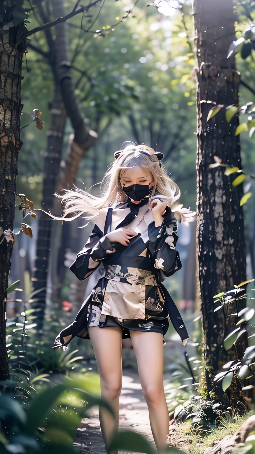 (Realistic、Like a photograph、Live Action、8k, Realistic, RAW Photos, Best image quality: 1.4), Single-lens reflex camera、RAW Photos, highest quality, Realistic, Highly detailed CG Unity 8k wallpaper, Written boundary depth, Cinematic Light, Lens flare, Ray Tracing, Realistic background、((Ninja costume:1.5、Female Ninja:1.4、Ninja:1.3)、Sexy Ninja:1.37、Ready for battle:1.3、Activating Ninjutsu:1.2、Trained abdominal muscles、Cleavage、Big Breasts)、Grey Hair、short hair、Standing in the woods、Village at night、((ultra high density skin))、 1 girl,Cute Female Ninja、((whole body:1.5)，Looking at the audience:1.1、Glare、I like that style、Pay attention to the details、Perfect outfit、(White Squid Portrait、Accurate Arm、Accurate feet、Beautiful feet、Precise thighs、View from the front