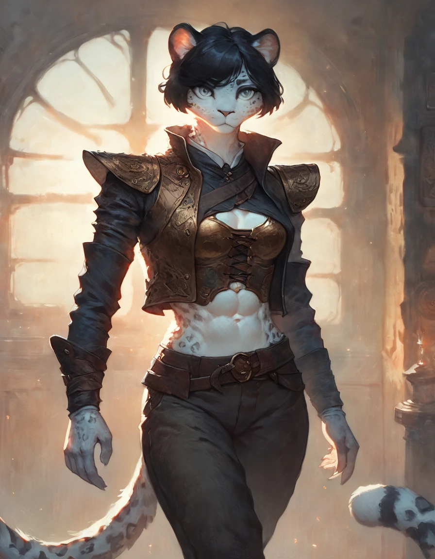 (solo), female anthro leopard, solo, masterpiece, best art, detailed hands, detailed eyes, night, anime newest artstyle, short black hair, white body, grey eyes, standing, athletic, big body, standing, bedroom, badass, pants, jacket, steampunk, midriff, abs, pauldron, breastplate,