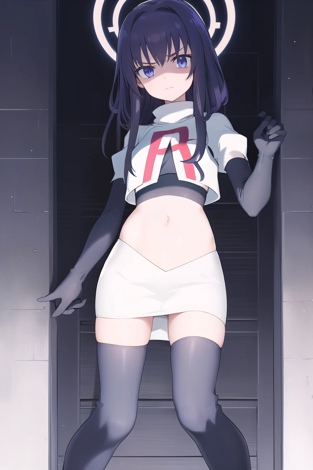 uidef, violet blue eyes,team rocket,team rocket uniform,white skirt,red letter R,crop top,black thigh-highs,black elbow gloves, looking at viewer, moody lighting, facing viewer,expressionless,sanpaku,