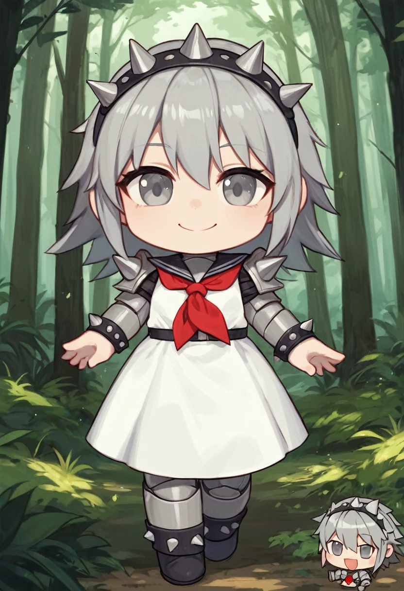 score_9, score_8_up, source_anime, masterpiece, best quality, BREAK 1girl, chibi, grey metallic skin, smile, white dress, grey long spiked metallic hair, grey eyes, black boots, black wristband, red neckerchief, forest, absurdres