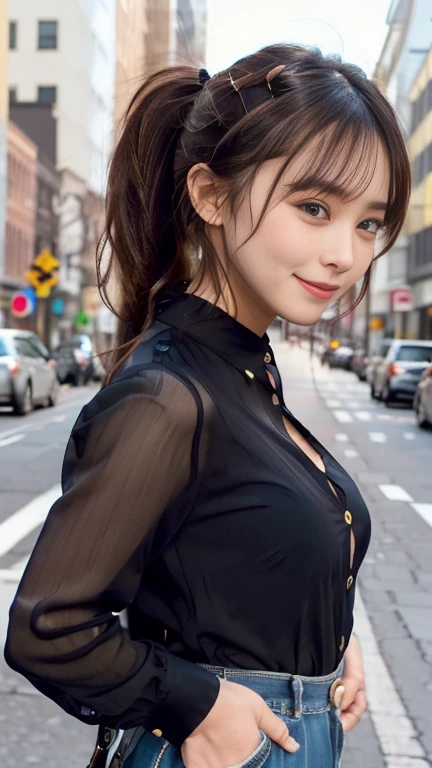 company employee、(Body turned to the side、Shooting from the side、Looking to the side,Shooting from the side:1.6),Not looking here、(General shirt、Wearing a white blouse、Wearing a typical business suit),(The fourth button on her blouse is slightly open.,Only the fourth button is open、All buttons except the fourth button are closed、Chest visible through the gap in the button、The edge of the bra is visible through the gap between the buttons.:1.5),Mid-chest、slender、ponytail、Black Hair、Beauty、23 years old、cute、smile、(Long shirt:1.8),Tuck the shirt into the skirt