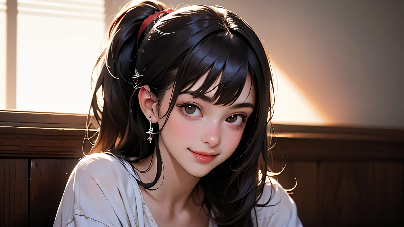 (masterpiece, top quality, 8k wallpaper, high resolution, ultra-realistic), 1 girl, Alone, (8k, Highest quality, (Realistic, Photorealistic: 1.37), Super detailed, ((( 1 girl))), Alone, Beautiful and detailed cute girl's room, Night,, (red nose), (smile: 1.15), (closed mouth) beautiful woman with long hair in ponytail, bangs, wearing short clothes, sitting cross-legged, very sexy
