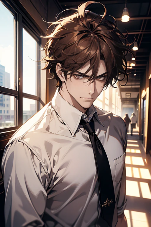 (tmasterpiece, high resolution, ultra - detailed:1.0), (1 male, masculine face), Perfect male body, tall and strong, Adult male, Delicate eyes and delicate face, Extremely detailed CG, Unity 8k wallpaper, Complicated details, Detailed face, (brown hair, messy hair, serious faces, white shirts,Bad students), (frown,evil smile:1.3), stad in school corridor, street style, color difference, Depth of field, dramatic shadow, Ray tracing, Best quality, Cinematic lighting, offcial art,Portrait
