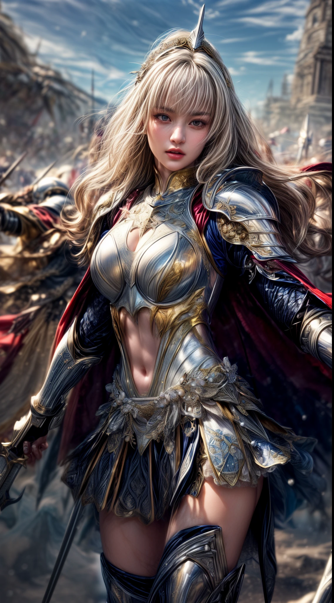 Very beautiful woman、Slender women、(Detailed face)、Realistic Skin、((holy knight)), ((Pearl White Armor))、((((White armor with very delicate and delicate decorations:1.5))))、((Delicate photo)),(Girl Astepeace RAW Photo Details:1.25), (highest quality:1.6), (超A high resolution:1.5), (Realistic:1.75), 8K resolution, Canon EOS R5, 50mm, Absurd, Ultra-detailed,Cinema Lighting,((battlefield))、((battle))、(((White skirt with embellishments)))、Thigh-high socks、Shin Guards、((Blonde))、((Curly Hair))、((Drill Hair))、((Wavy short hair with bangs,))、(I can see your ripped abs)、Cape、Beautiful Armor、(((Has a huge weapon)))、(In combat)、The wind is blowing、((Symmetrical Armor))、((((Light shines in))))、(((Leading a large group of knights:1.2)))、Banner、Mark of the Goddess、(((Battle Scene)))