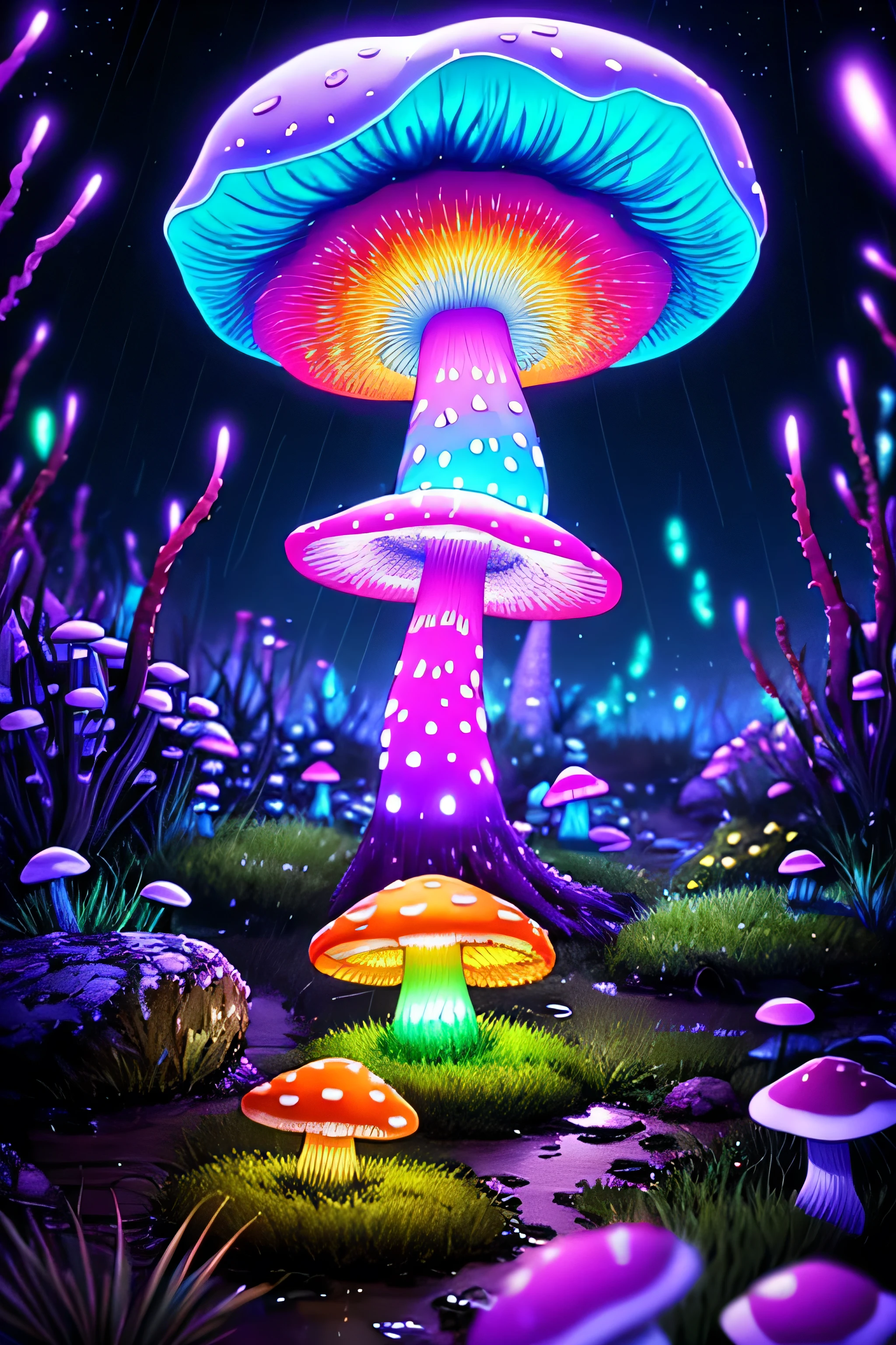 (Very detailed:1.2),(highest quality:1.2),8k,Sharp focus, (Scattered beneath the surface of the water:1.1)、rain、rain、rain、Forest road、(Forest roadが長く続いている)、(Glowing magical bioluminescent mushrooms:1.2),Psychedelic magic particles in the air, (neon bioluminescent mushroom forest at night:1.2), (magic firefly:1.2) (Very detailed trees、Rocks and moss:1.2), (Very detailed background:1.3), roleplaying game, Eldon Ring Style, (Fantasy:1.3),(Surreal:1.1), (((night))), Cinema Lighting, Very detailed, Art Station,Smooth, Sharp focus, Types of bacteria, Greg Rutkoski, Edited selection, trending on Art Station, Trending on deviantart, Knock me out, (By comparison:0.4),