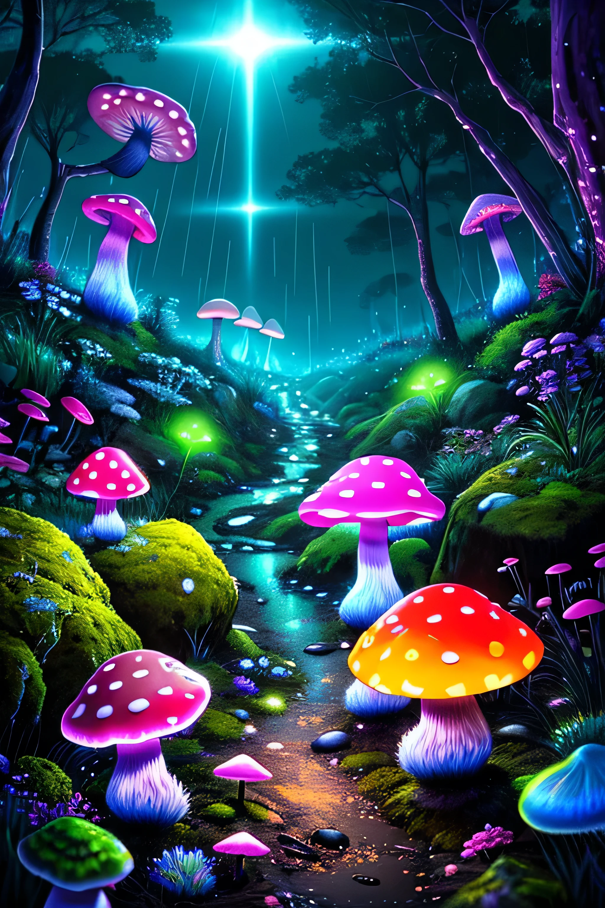 (Very detailed:1.2),(highest quality:1.2),8k,Sharp focus, (Scattered beneath the surface of the water:1.1)、rain、rain、rain、Forest road、(Forest roadが長く続いている)、(Glowing magical bioluminescent mushrooms:1.2),Psychedelic magic particles in the air, (neon bioluminescent mushroom forest at night:1.2), (magic firefly:1.2) (Very detailed trees、Rocks and moss:1.2), (Very detailed background:1.3), roleplaying game, Eldon Ring Style, (Fantasy:1.3),(Surreal:1.1), (((night))), Cinema Lighting, Very detailed, Art Station,Smooth, Sharp focus, Types of bacteria, Greg Rutkoski, Edited selection, trending on Art Station, Trending on deviantart, Knock me out, (By comparison:0.4),