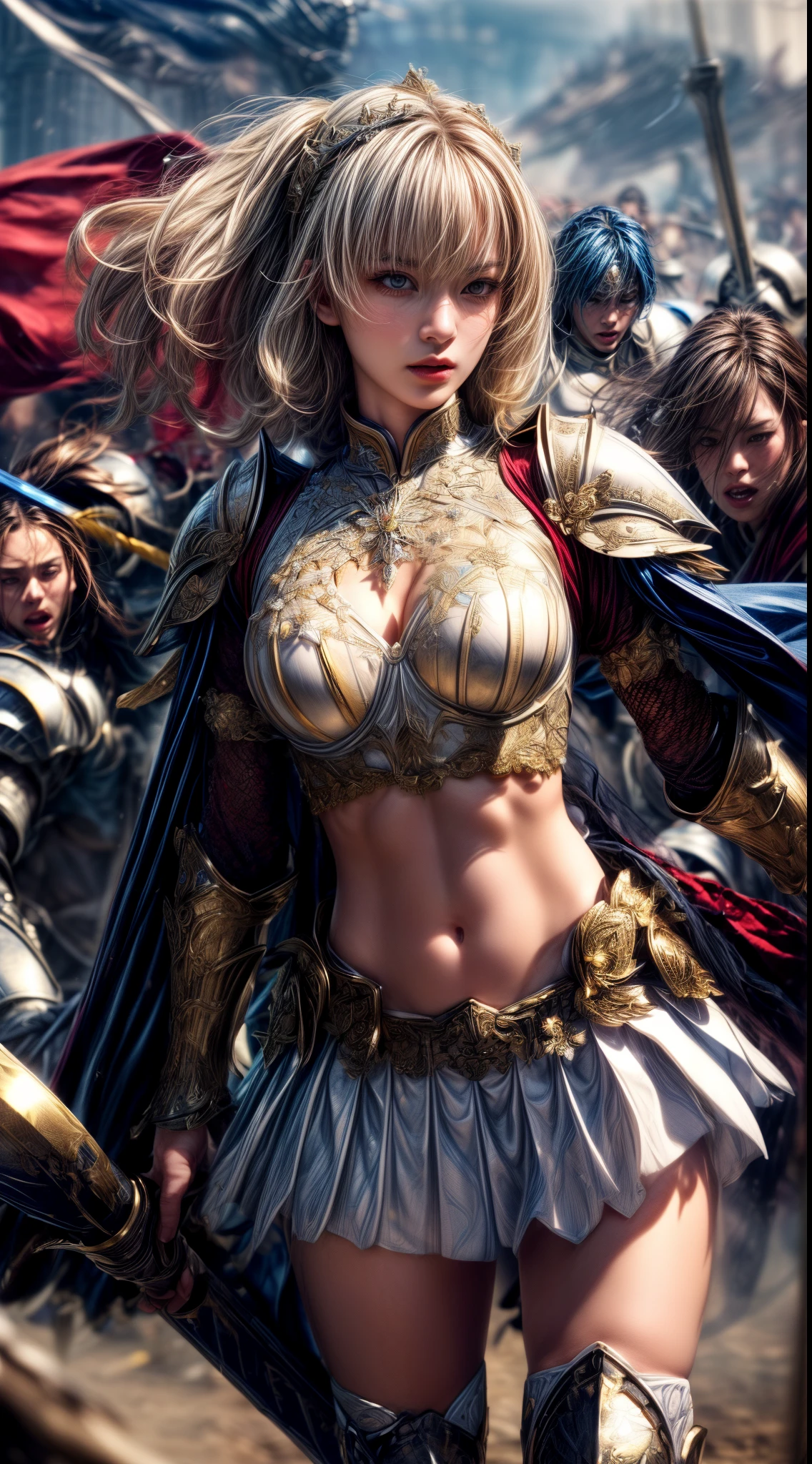 Very beautiful woman、Slender women、(Detailed face)、Realistic Skin、((holy knight)), ((Pearl White Armor))、((((White armor with very delicate and delicate decorations:1.5))))、((Delicate photo))，(Girl Astepeace RAW Photo Details:1.25), (highest quality:1.6), (超A high resolution:1.5), (Realistic:1.75), 8K resolution, Canon EOS R5, 50mm, Absurd, Ultra-detailed,Cinema Lighting,((battlefield))、((battle))、(((White skirt with embellishments)))、Thigh-high socks、Shin Guards、((Blonde))、((Curly Hair))、((Drill Hair))、((Wavy short hair with bangs,))、(I can see your ripped abs)、Cape、Beautiful Armor、(((Has a huge weapon)))、(In combat)、The wind is blowing、((Symmetrical Armor))、((((Light shines in))))、(((Leading a large group of knights:1.2)))、Banner、Mark of the Goddess、(((Battle Scene)))