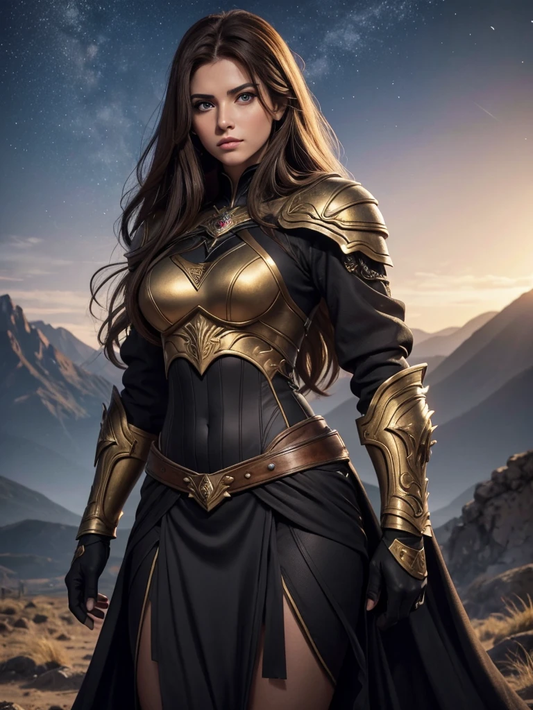Mujer devastadoramente hermosa, with golden brown hair and sharp blue-gray eyes. She has full lips with defined features and a slim build. She has impeccable posture and is very tall., a menudo descrita como una reina por derecho propio. Guerrera. Valkiria. Mirada intimidante. Accompanied by a warrior man with membranous wings. Ojos avellanas. Pelo a los hombros. Musculoso. Hd. 4k. Traje de combate de cuero negro parte de cuerpo descubierto. Cara angulosa. Hombre Imponente. In the background three-pointed mountain. Noche estrellada. Hombro anchos. Mosculatura marcada.
