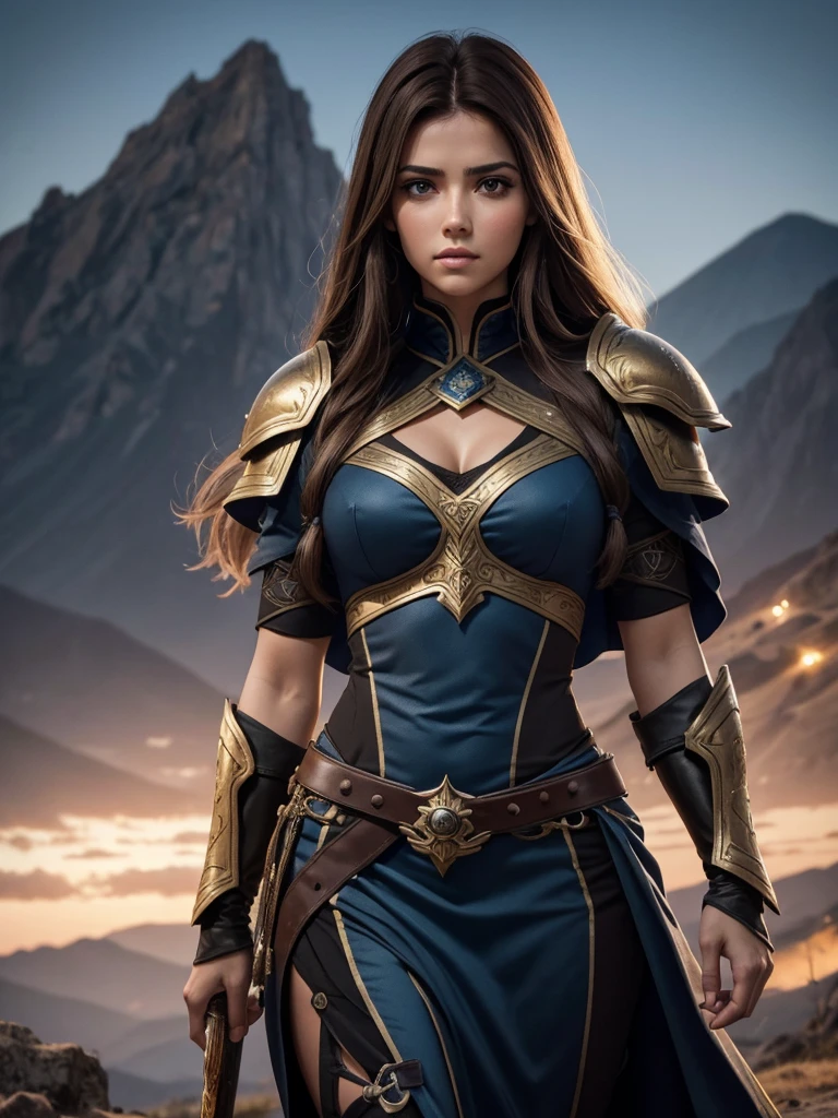 Mujer devastadoramente hermosa, with golden brown hair and sharp blue-gray eyes. She has full lips with defined features and a slim build. She has impeccable posture and is very tall., a menudo descrita como una reina por derecho propio. Guerrera. Valkiria. Mirada intimidante. Accompanied by a warrior man with membranous wings. Ojos avellanas. Pelo a los hombros. Musculoso. Hd. 4k. Traje de combate de cuero negro parte de cuerpo descubierto. Cara angulosa. Hombre Imponente. In the background three-pointed mountain. Noche estrellada. Hombro anchos. Mosculatura marcada.