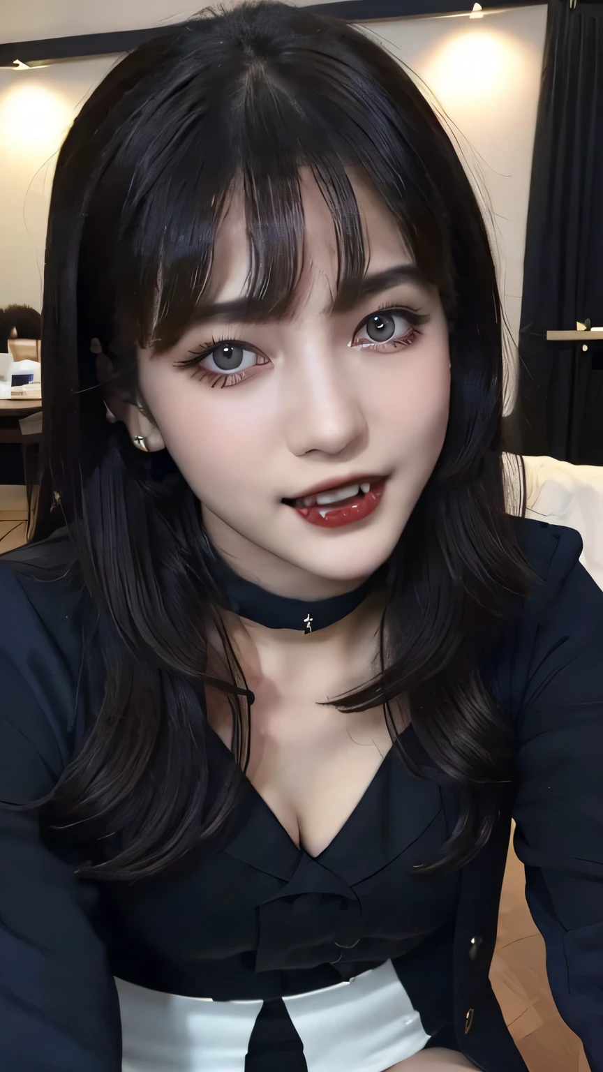(highest quality, masterpiece:1.3, 超A high resolution), (Very detailed, Caustics), (Realistic:1.4,RAW shooting,)Ultra-Realistic Capture,Very detailed,High resolution 16k, Human skin close-up, The skin texture is natural, It must be detailed enough to be easily identifiable.。 Skin should look healthy and have an even tone。 Use natural light and color, ((Dark blue jacket、White shirt、mini skirt)), ((Mountain, blue sky, Slim body)), 1 girl, Japanese, 18-year-old, cute, Long Hair, smile, Turn your body forward, (View from the front:1.1), Looking into the camera, focused on the chest, Light brown hair, ((Black choker)), Very many long eyelashes, blue eyes, bangs、Long legs、(Outdoor, A field:1.5, blue sky)、Big Breasts、(vamp fangs), Red Lip、Double teeth、((Vampire Fangs))
