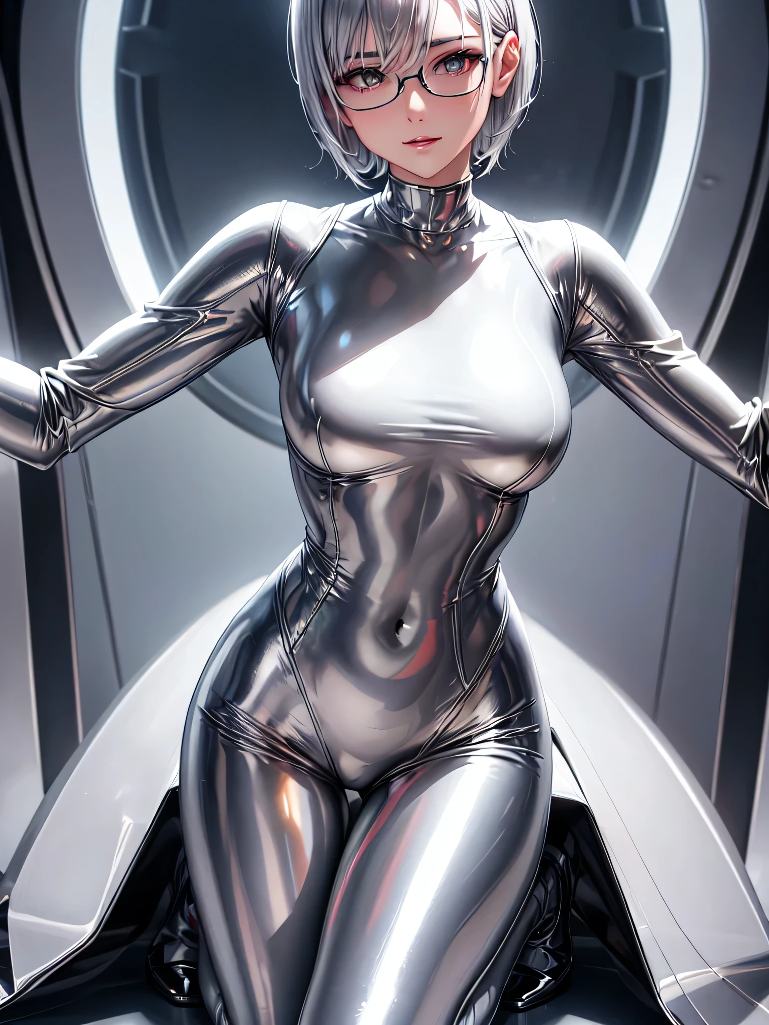 Highest quality 8K UHD、Mastepiece、Close-up、short hair、Push your hips forward、Kneel and spread your legs、Silver Hair、Glasses、Shiny silver tights、A beautiful woman wearing a full-body silver metallic suit、Full body silver metallic rubber suit