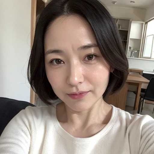 Japanese women、50 years old、(Selfie style:1.2)、Upper body projection、Black Hair、Random Hairstyles、Loose and fluffy hair、No makeup、No makeup、Professional and delicate black eyes、Delicate skin、Rough skin、Random and delicate modern home interior background、Random Face、(Casual clothing:1.5)、(Random Faceつき:1.7)、dry skin、Busaic face、Low image quality、