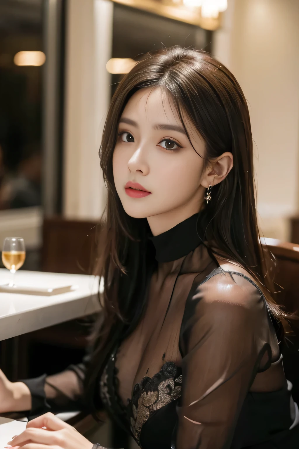masterpiece, highest quality, Realistic, Very detailed, Finer details, High resolution, 8k wallpaper, One beautiful woman, Wear an elegant black see-through blouse, In a great restaurant, At night, Light brown messy hair, Perfect dynamic composition, Beautiful and beautiful eyes、Big earrings