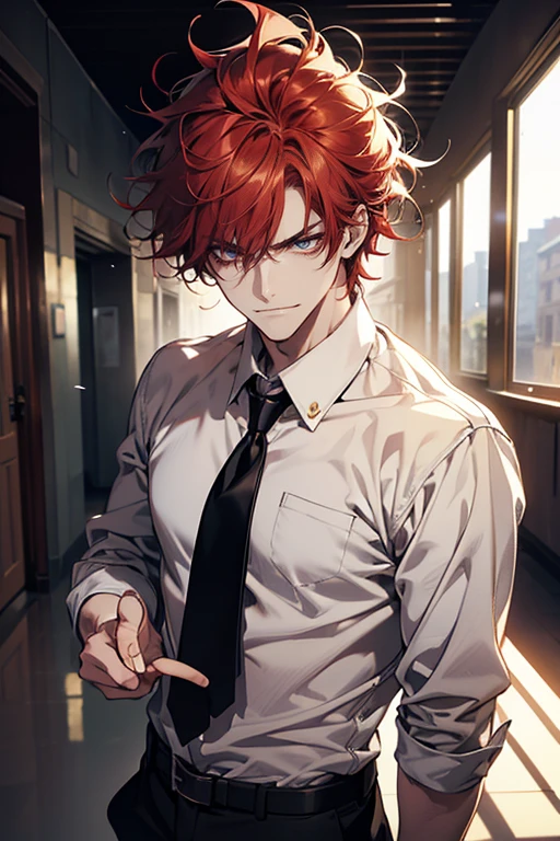 (tmasterpiece, high resolution, ultra - detailed:1.0), (1 male, masculine face), Perfect male body, tall and strong, Adult male, Delicate eyes and delicate face, Extremely detailed CG, Unity 8k wallpaper, Complicated details, Detailed face, (red hair, messy hair, serious faces, white shirts,Bad students), (frown,evil smile:1.3), stad in school corridor, street style, color difference, Depth of field, dramatic shadow, Ray tracing, Best quality, Cinematic lighting, offcial art,Portrait