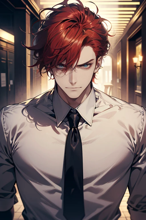 (tmasterpiece, high resolution, ultra - detailed:1.0), (1 male, masculine face), Perfect male body, tall and strong, Adult male, Delicate eyes and delicate face, Extremely detailed CG, Unity 8k wallpaper, Complicated details, Detailed face, (red hair, messy hair, serious faces, white shirts,Bad students), (frown,evil smile:1.3), stad in school corridor, street style, color difference, Depth of field, dramatic shadow, Ray tracing, Best quality, Cinematic lighting, offcial art,Portrait