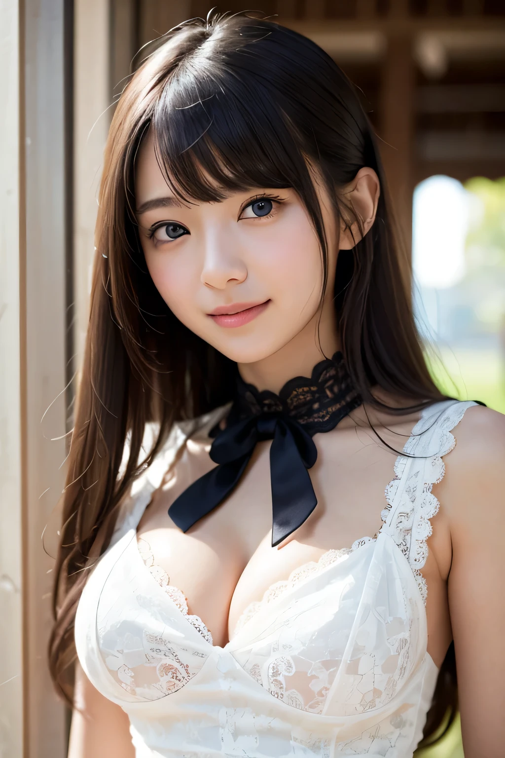 brightexpression、photorealistic stick:1.32、highest quality、超A high resolution、Photos of the most beautiful Japan girls、cute and beautiful face details、small face、(Pueros face_V1:0.008)、Beautiful bangs、18 years old、Brilliant white skin、hair gets tangled in face、Bangs that reach down to the face、bangs、hair between eyes、super long hair、charming brown silky hair、bright、Clear light blue eyes shine charmingly、ample breasts、Dynamic poses highest quality、disorganized、((the cutest girl in the world))、Japanese、18 years oldの女の子、Cafe、((lace dress:1.3))、(half up hair:1.3)、(tie with a thin ribbon)、nice and cute、innocent smile、nice smile、cleavage、(big breasts:1.3)、ponytail、brown hair、thin waist、detailed beautiful eyes、face forward、Upper body、close up of face、Front view、