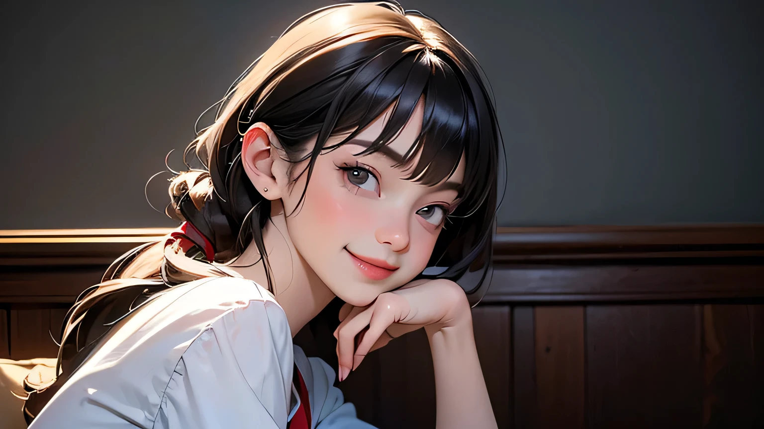(Masterpiece, Best Quality, 8k Wallpaper, High Resolution, Super Real), 1 Girl, 16 Years Old, High School Girl, Alone, (8k, Best Quality, (Realistic, Photorealistic:1.37), Super Detail ,((( 1 girl))), Alone, in a cute little girl's room with beautiful details, at night,, (red nose), (smile: 1.15), (closed mouth) long hair in a ponytail , beautiful woman, bangs, wearing short clothes, sitting cross-legged, very sexy